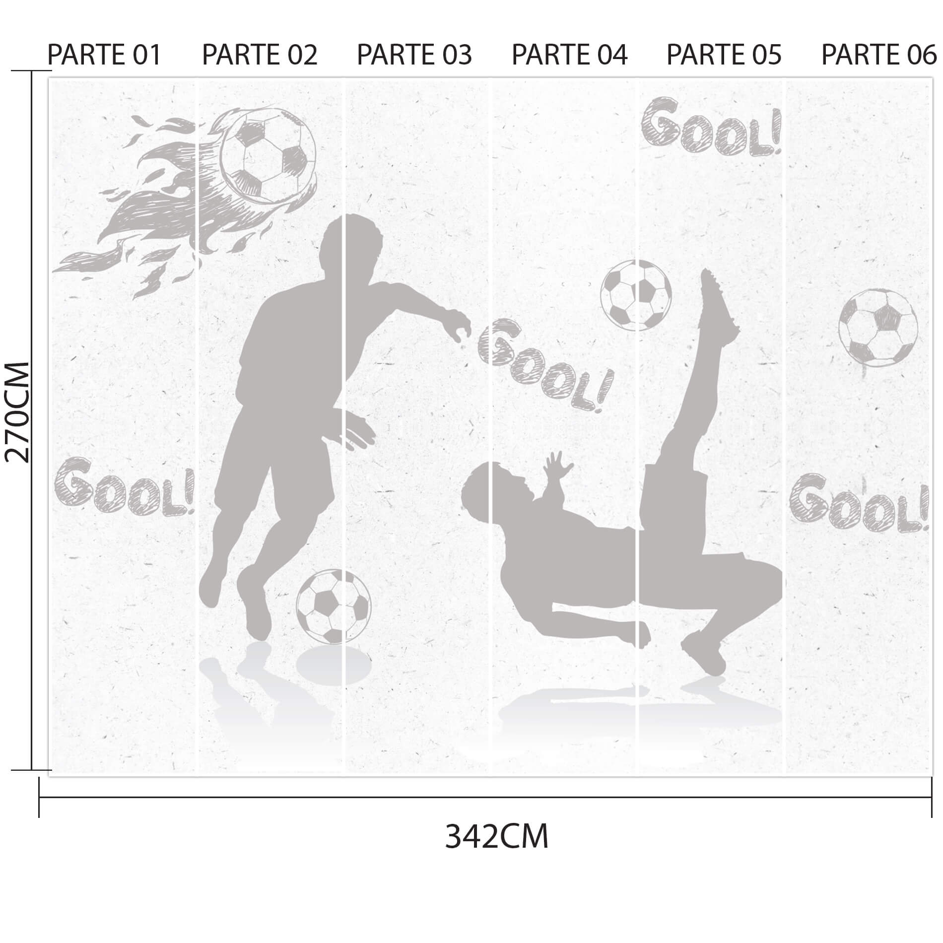 Imagem ilustrativa do papel de parede dividido em seis partes verticais numeradas, mostrando o design e dimensões do papel de parede para quarto de menino com tema futebol