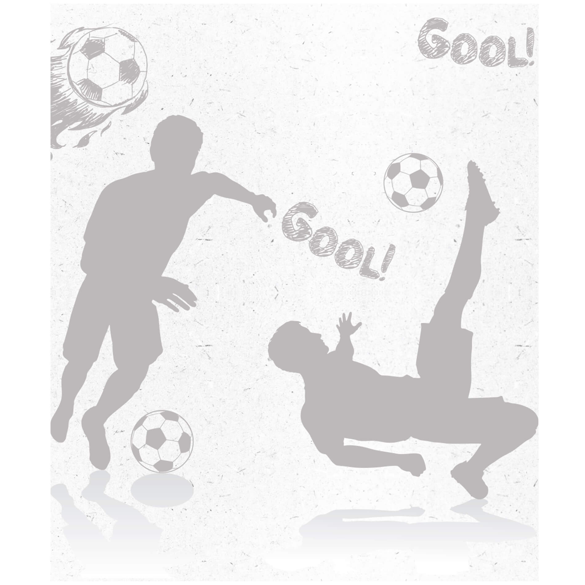 Imagem do papel de parede adesivo com tema futebol mostrando detalhes para aplicação e dimensões do produto.