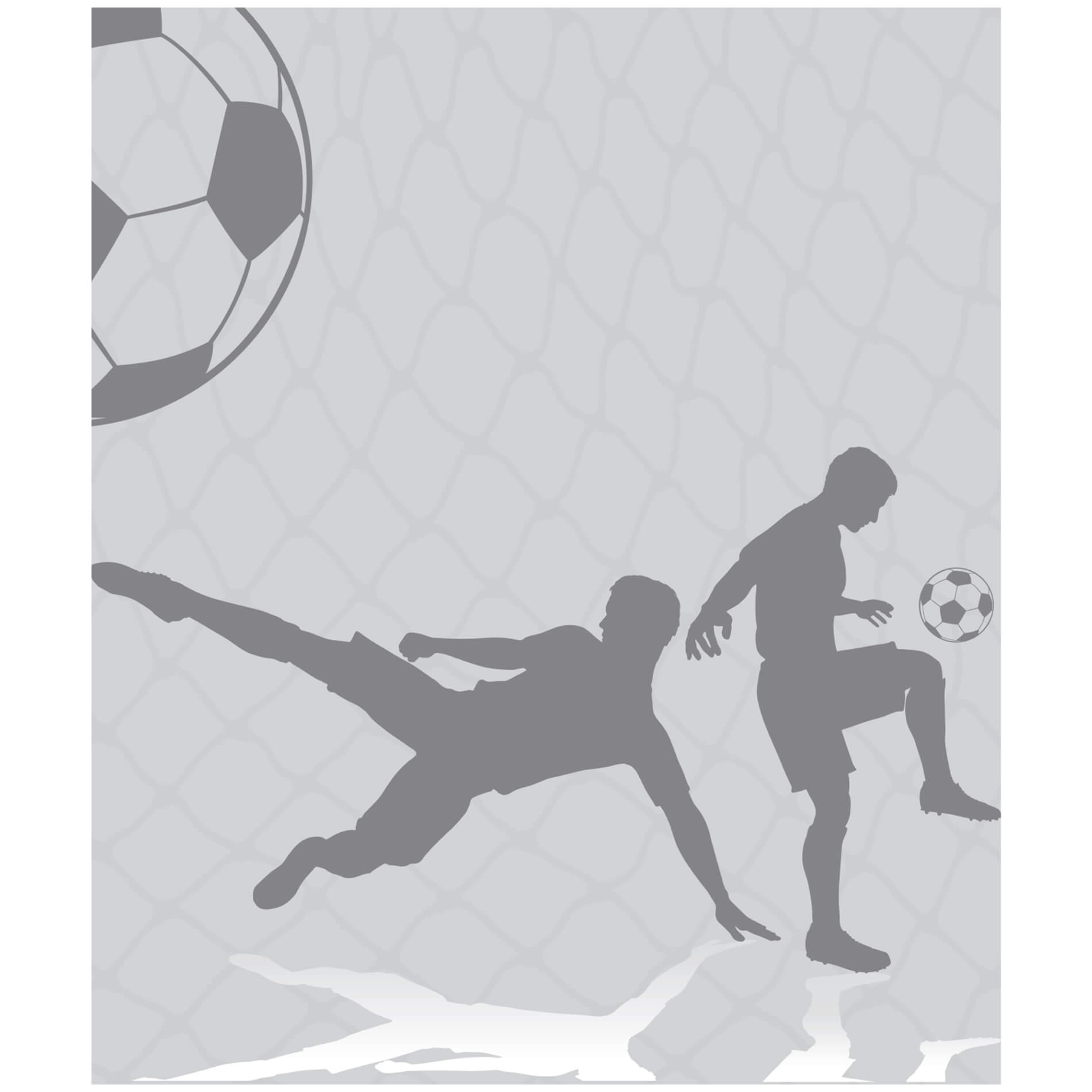 Painel de papel de parede com tema futebol para quarto infantil, mostrando silhuetas de meninos jogando bola contra uma rede de gol.