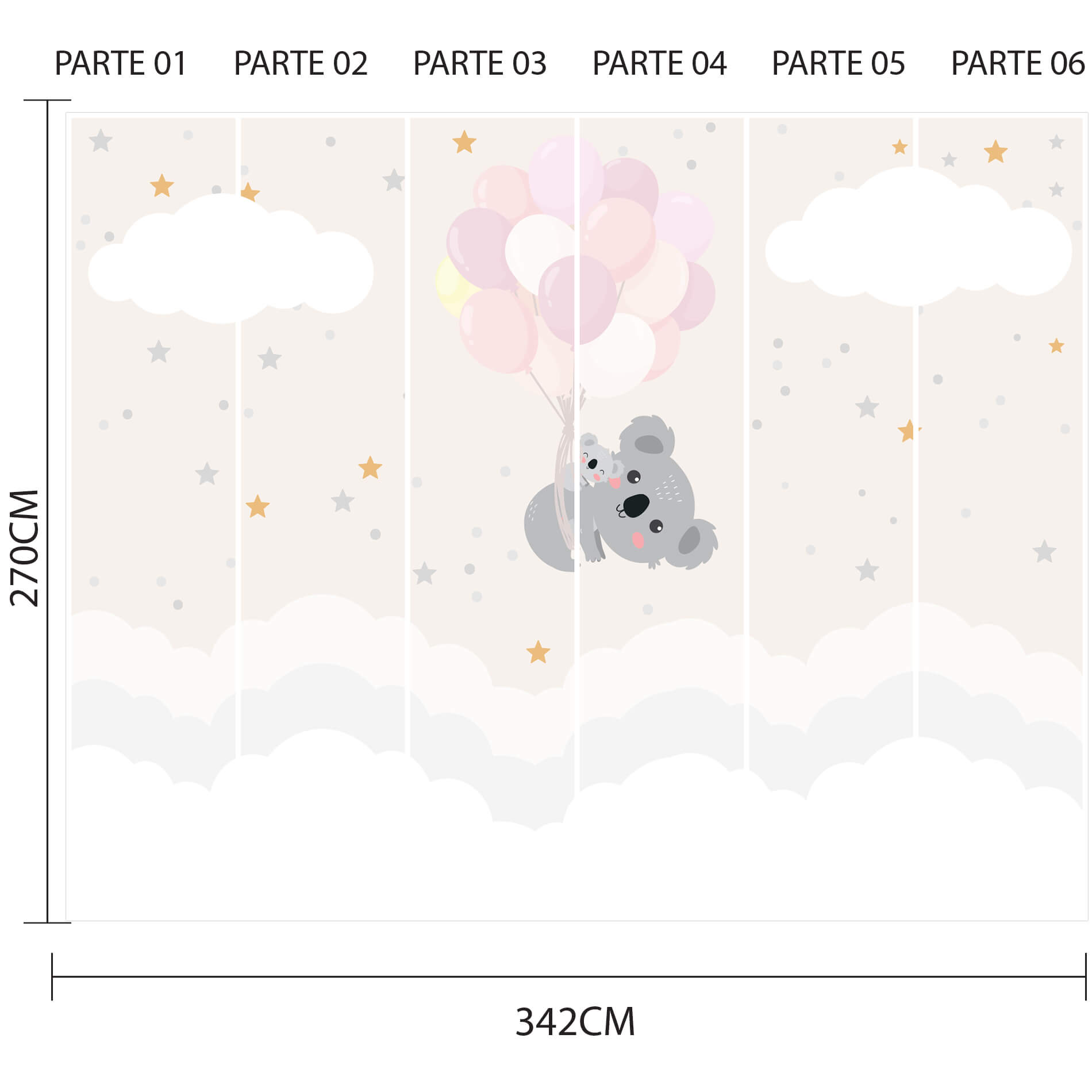 Imagem ilustrativa do papel de parede 'Mamãe Coala e Balões' dividido em 6 partes verticais numeradas, mostrando a composição do painel e suas dimensões.