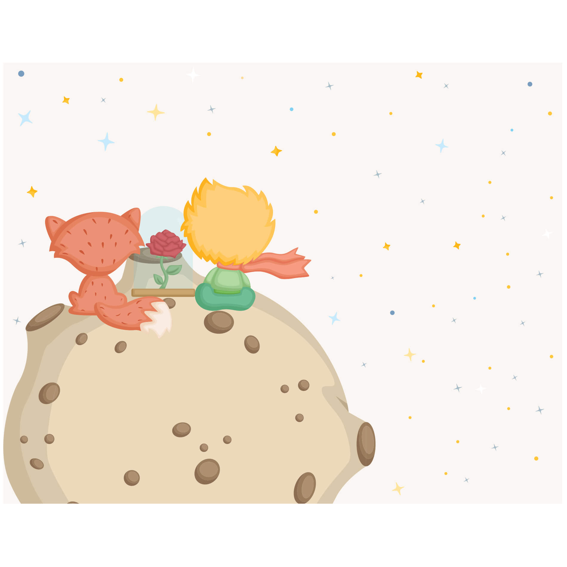 Imagem do papel de parede infantil Pequeno Príncipe com ilustração do personagem e raposa