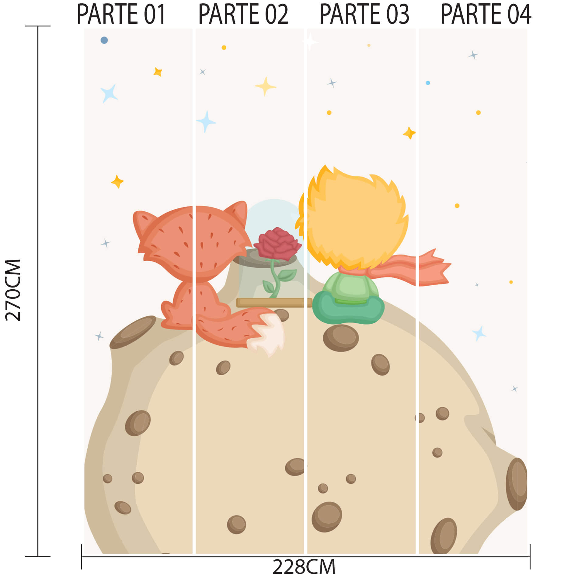 Papel de parede Pequeno Príncipe dividido em quatro partes numeradas, mostrando dimensões e design lúdico em cores suaves.