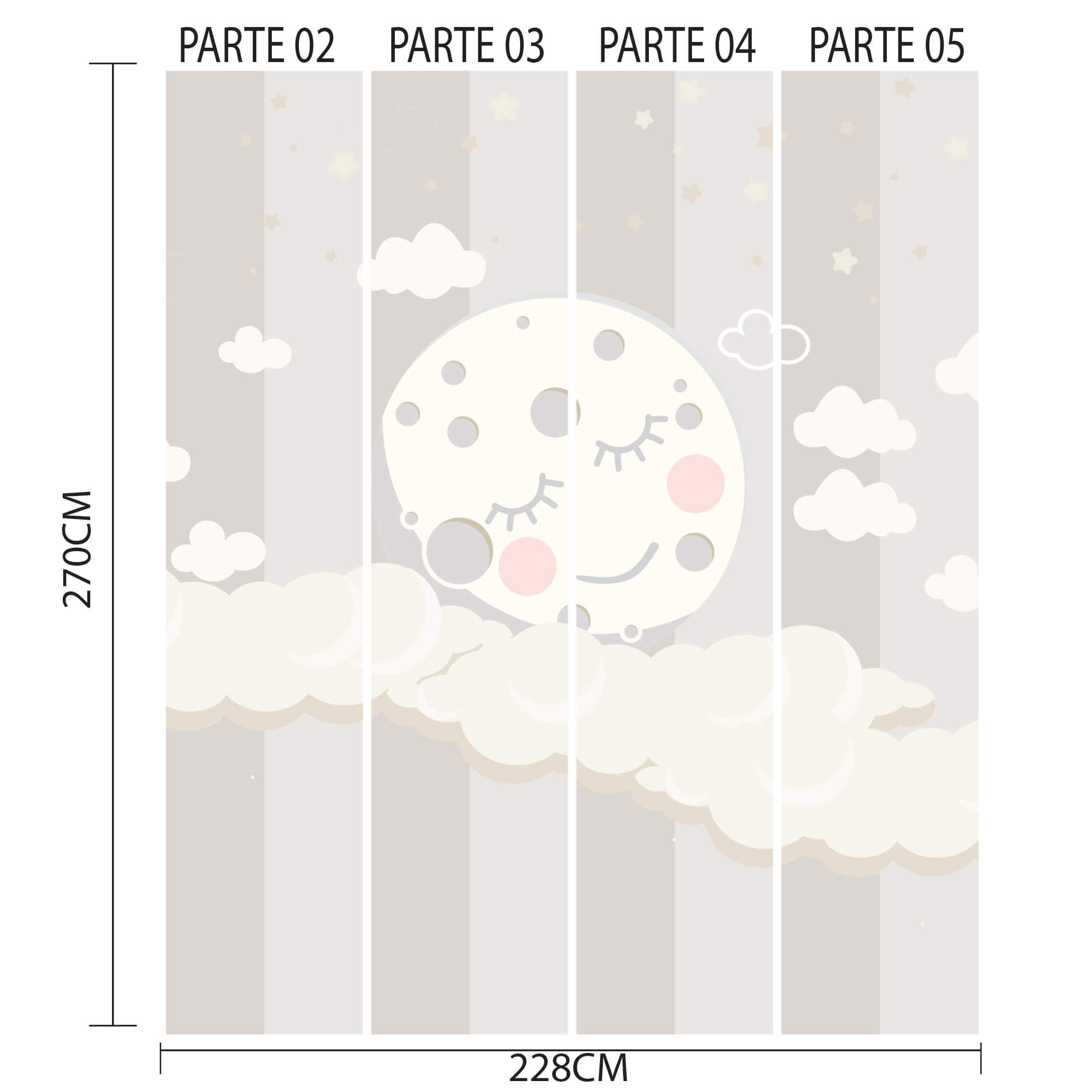 Painel detalhado do papel de parede Lua Hora de Dormir com dimensões para aplicação.
