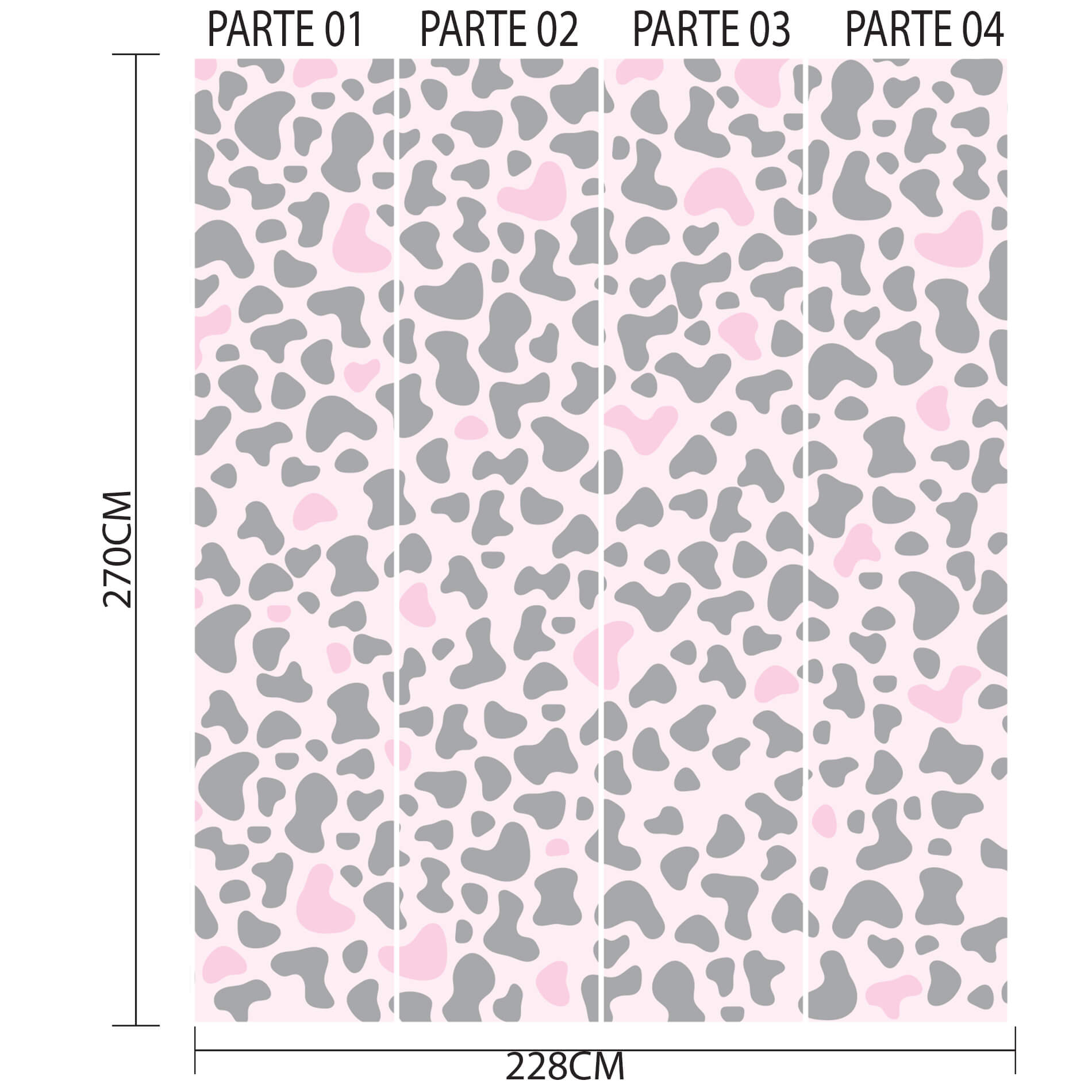 Imagem técnica do papel de parede mostrando as dimensões e divisão em quatro partes para aplicação precisa.