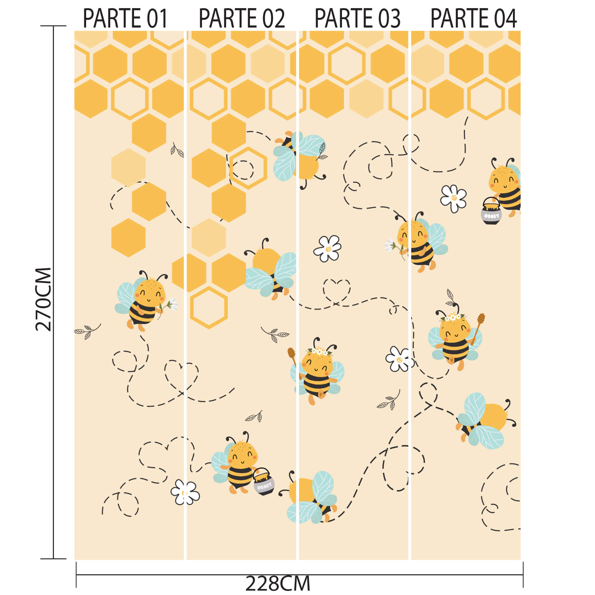 Imagem do papel de parede infantil dividido em quatro partes numeradas mostrando o layout completo do painel de abelhas e colmeia.