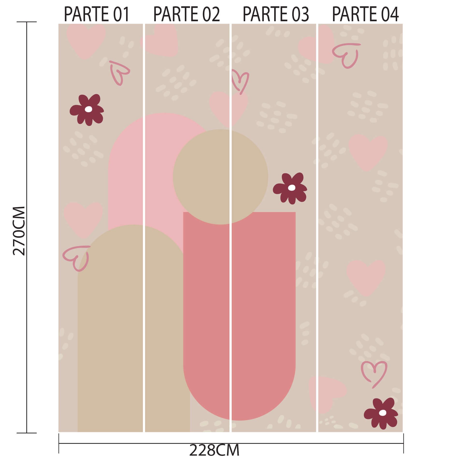 Imagem do papel de parede dividido em quatro partes verticais com dimensões indicadas para aplicação