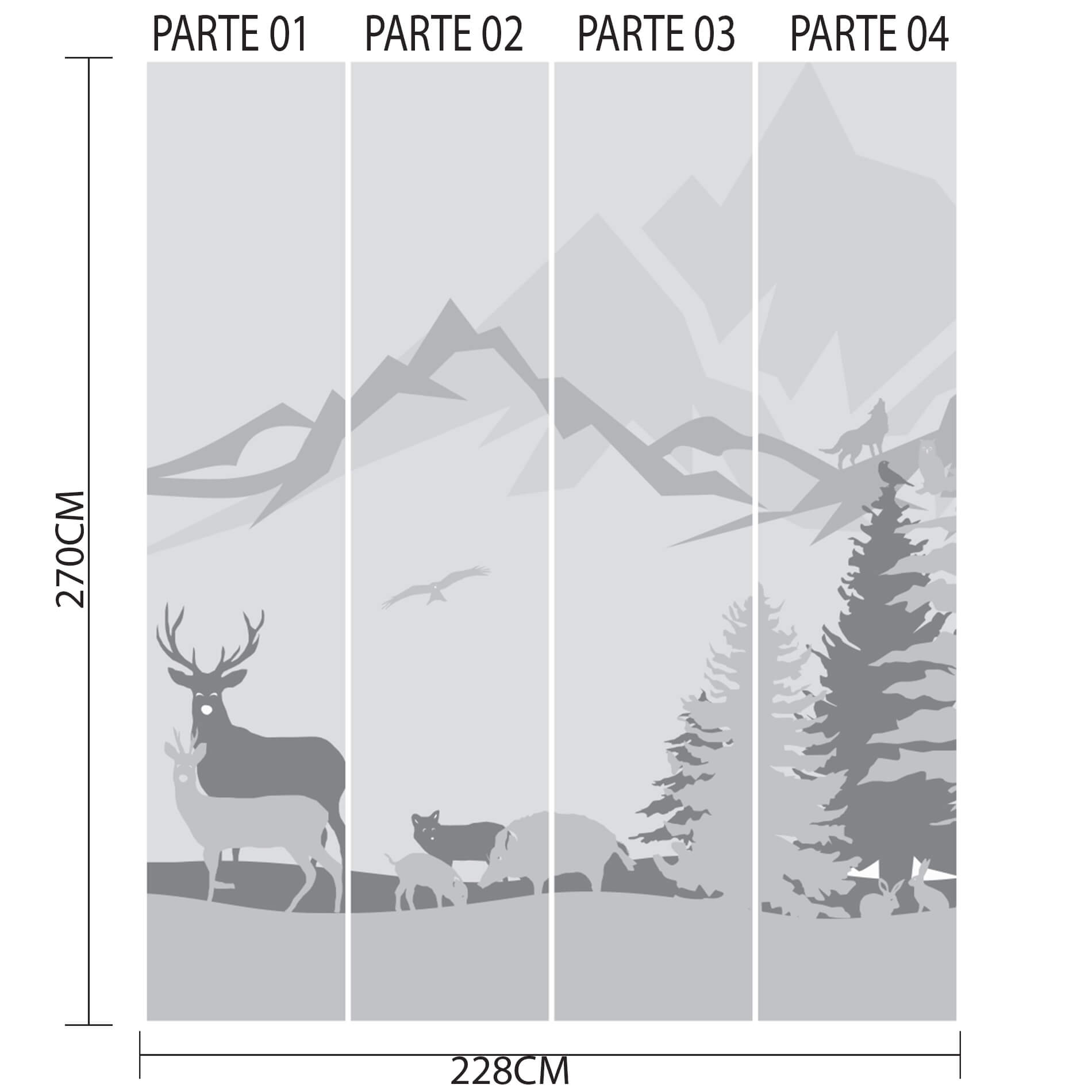 Imagem ilustrativa do papel de parede dividido em quatro partes numeradas mostrando medidas e design.