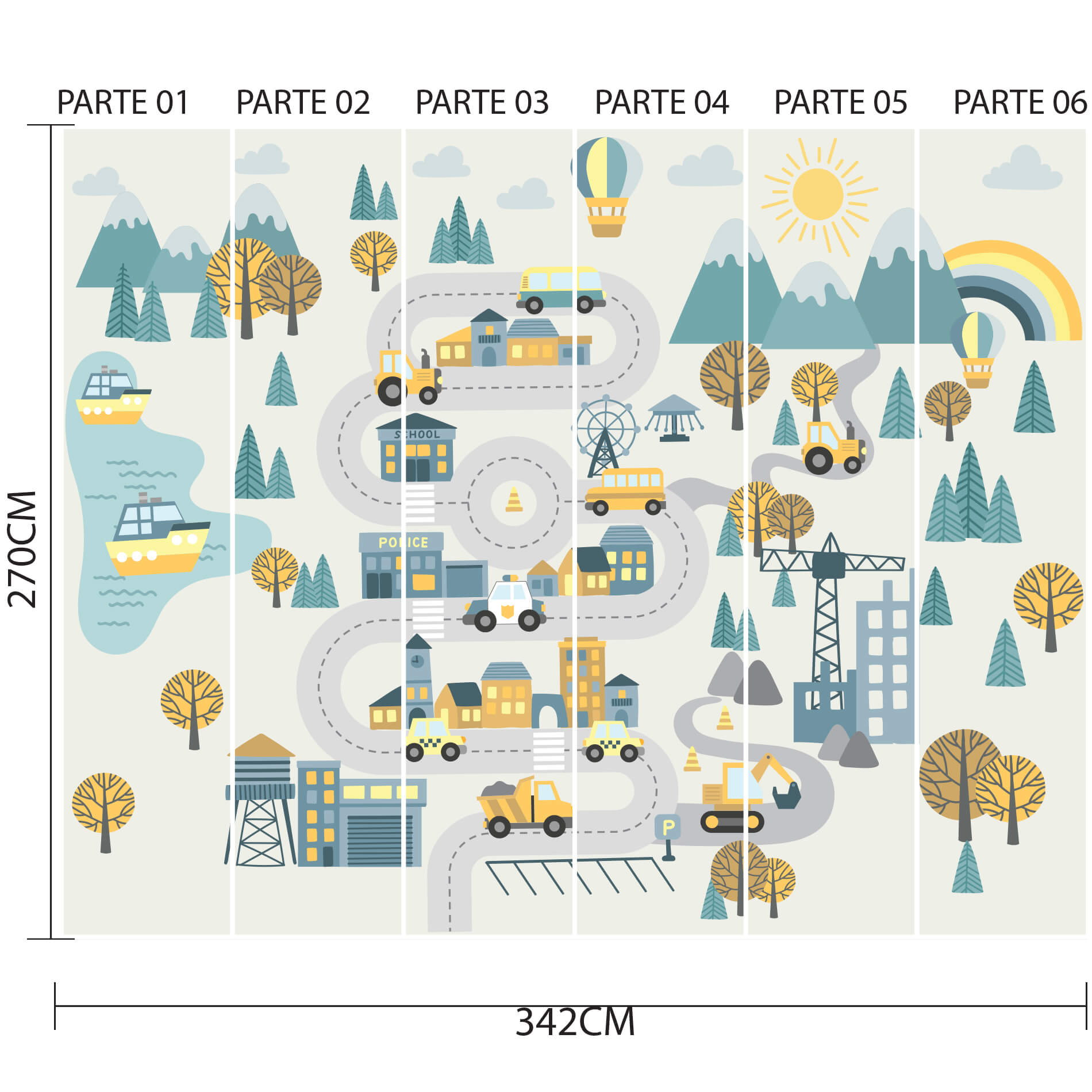 Imagem do papel de parede infantil dividido em 6 partes numeradas, mostrando o layout completo do painel de 9m² com tema de trânsito na cidade e dimensões técnicas.