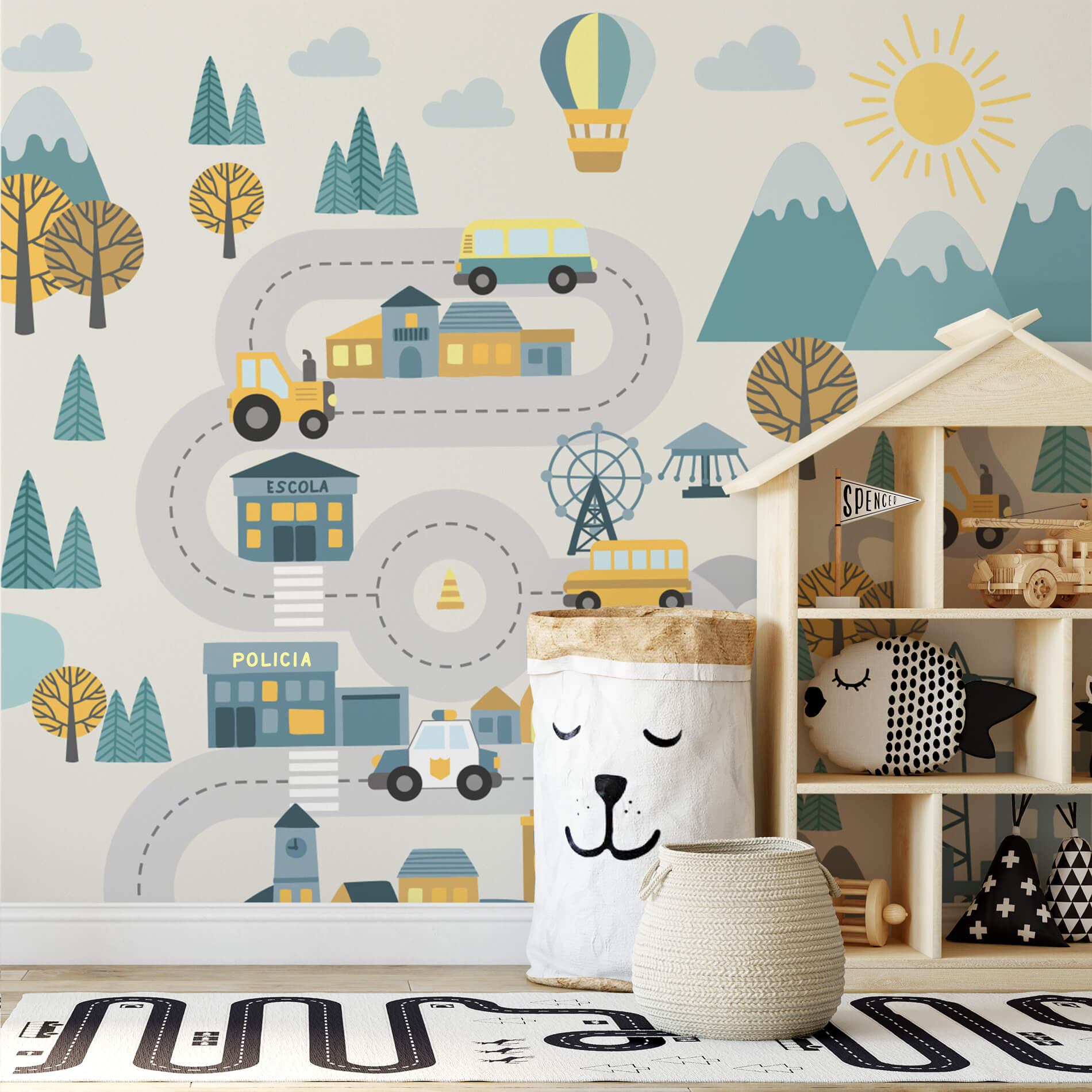Imagem ilustrativa do papel de parede adesivo para quarto de menino com tema trânsito na cidade, mostrando dimensões e aplicação.