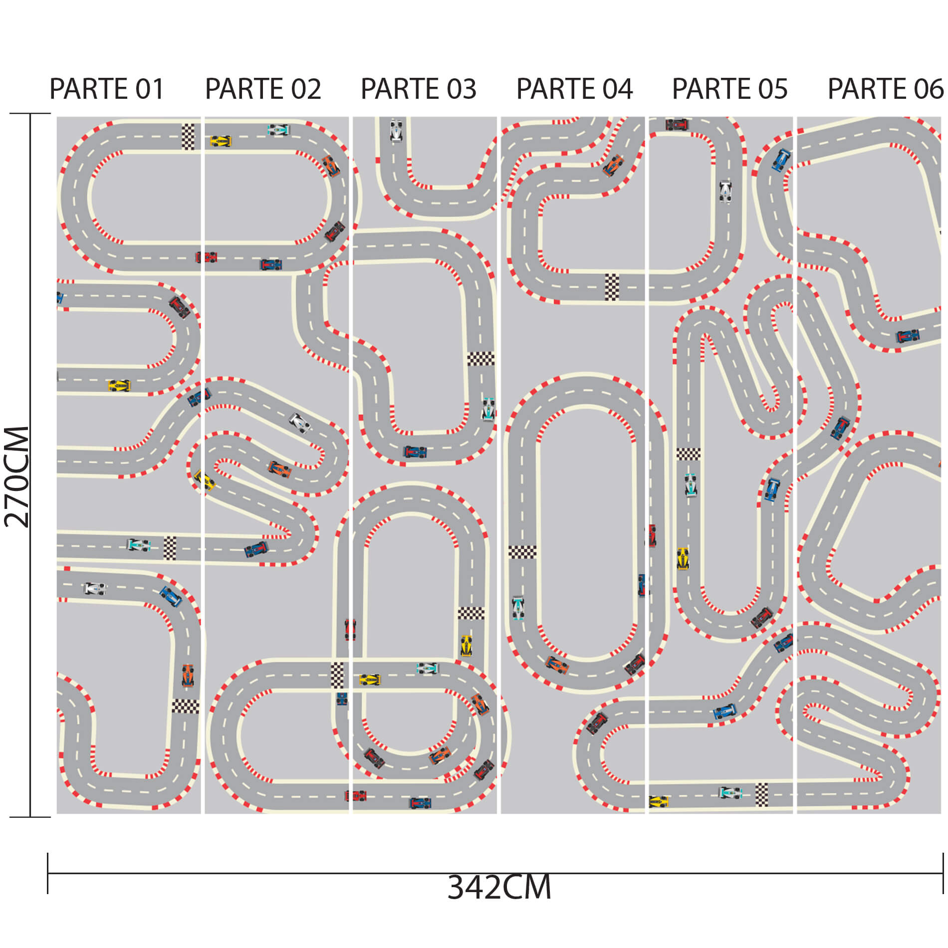 Imagem do papel de parede dividido em seis partes numeradas com dimensões indicadas, para auxiliar na aplicação.