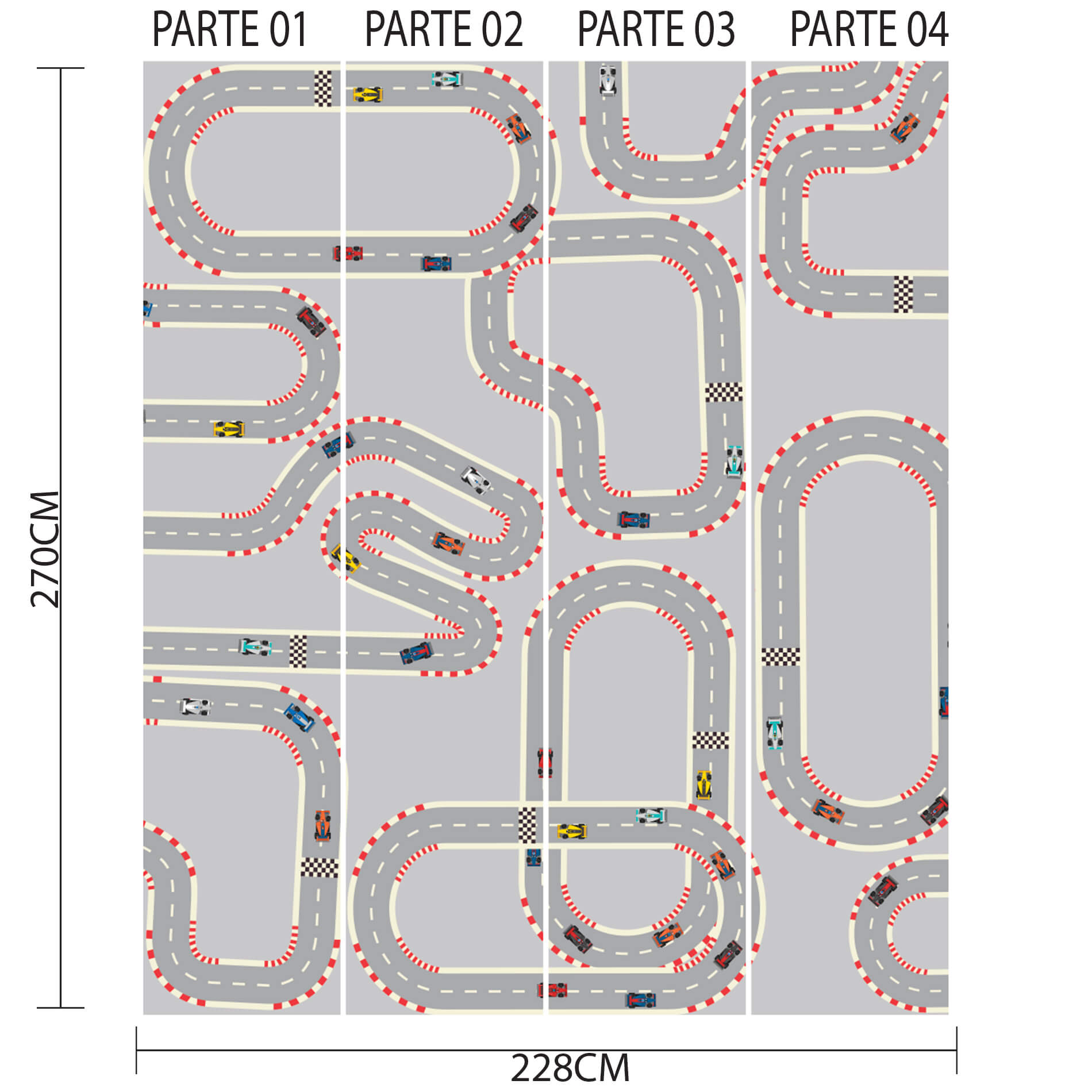 Imagem ilustrativa do papel de parede infantil com tema de pista de corrida dividido em quatro partes numeradas, com dimensões indicadas.