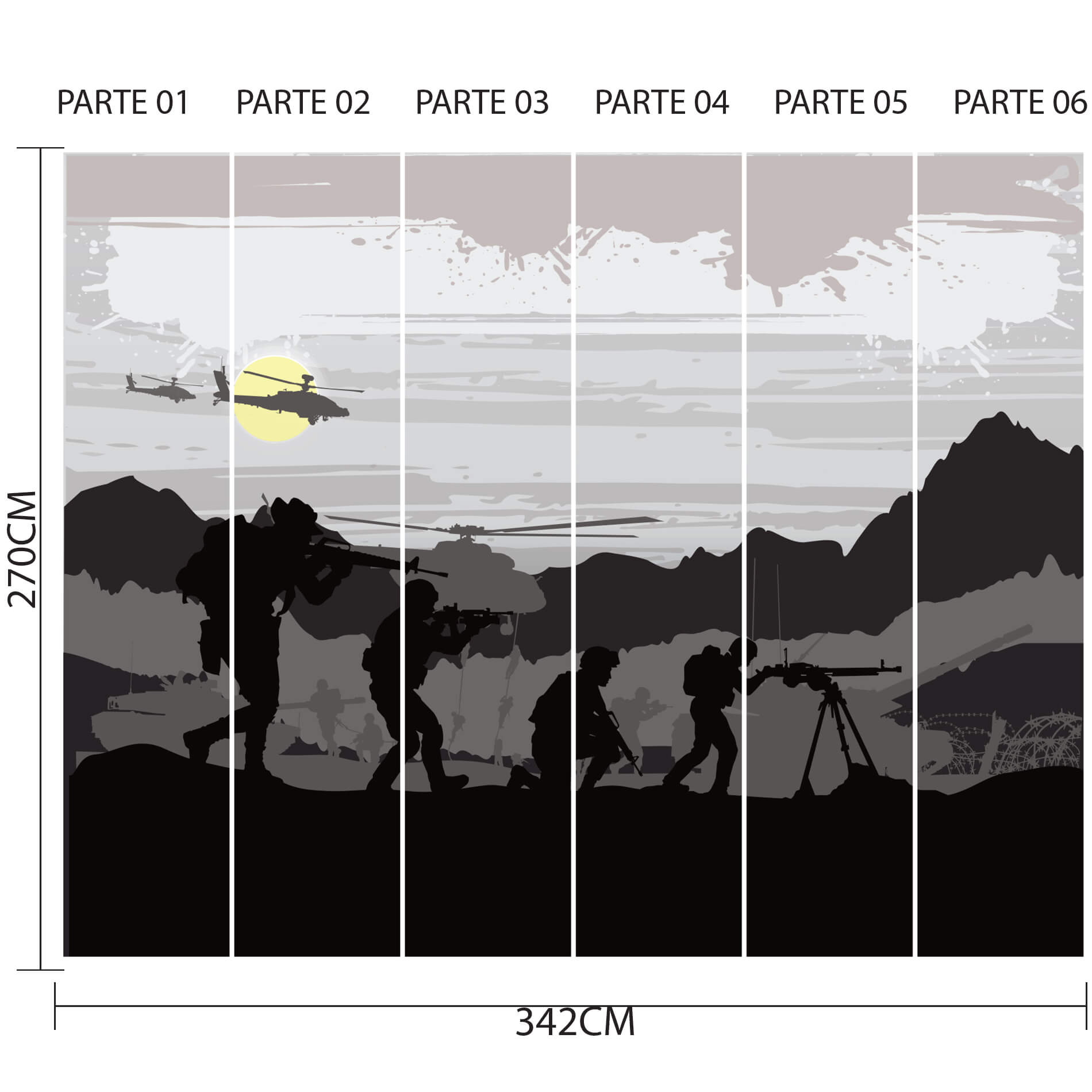 Imagem técnica do papel de parede dividido em 6 partes verticais numeradas, mostrando dimensões totais de 342 cm de largura por 270 cm de altura, ideal para aplicação precisa.