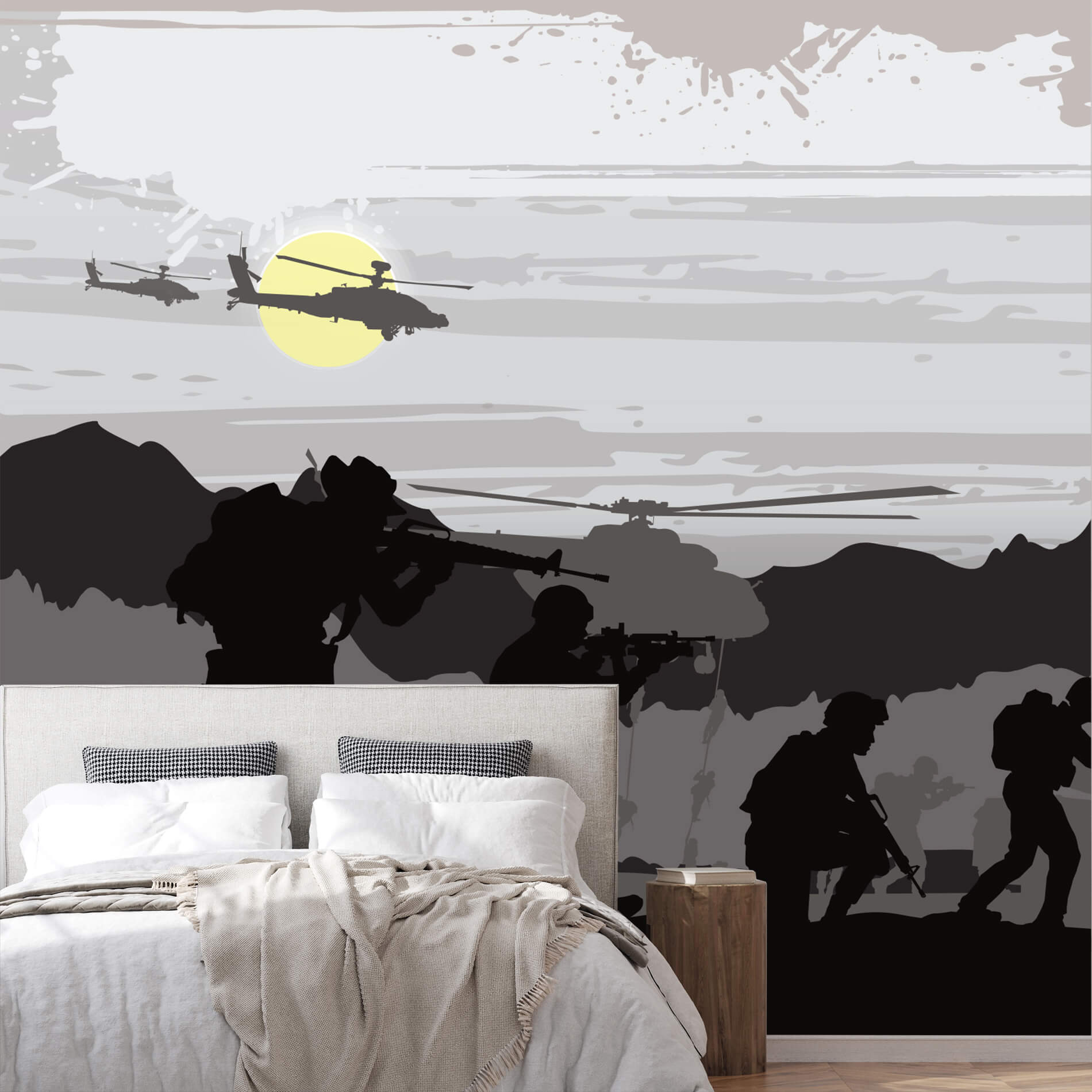 Aplicação de papel de parede infantil com tema militar em parede lisa e limpa.