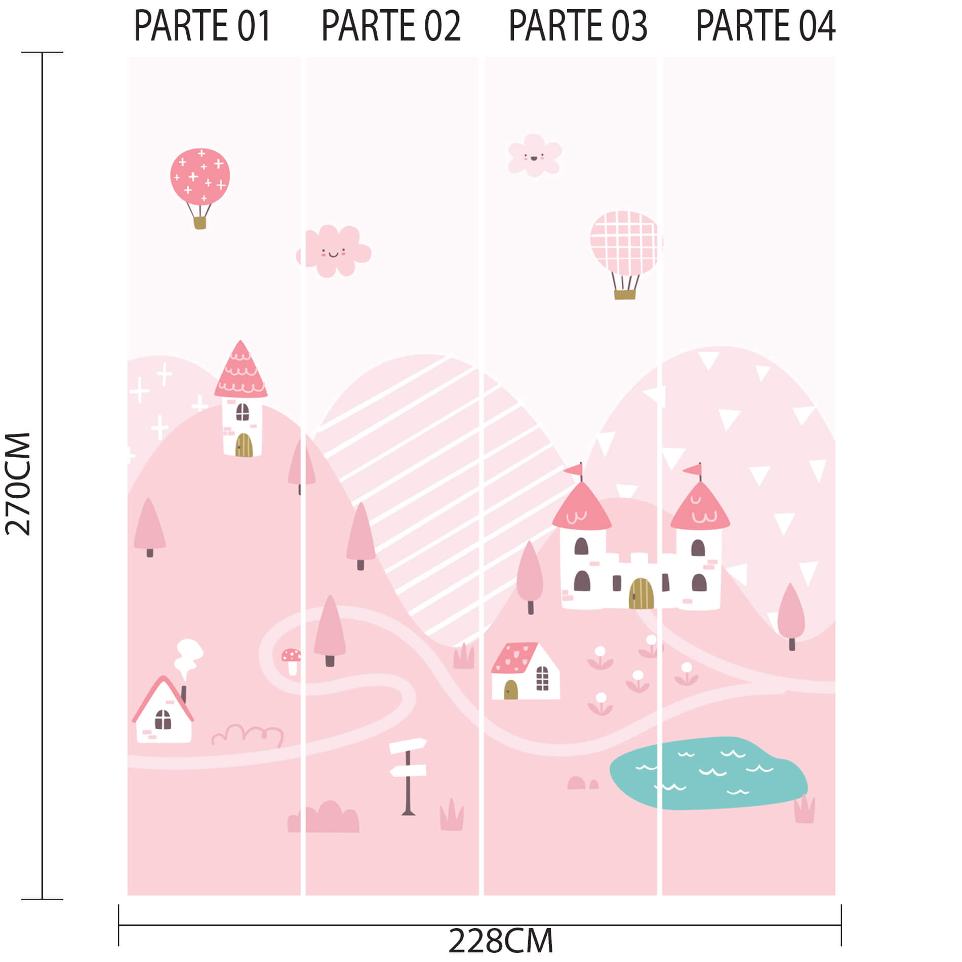 Painel do papel de parede Vila Encantada rosa dividido em quatro partes com dimensões indicadas.