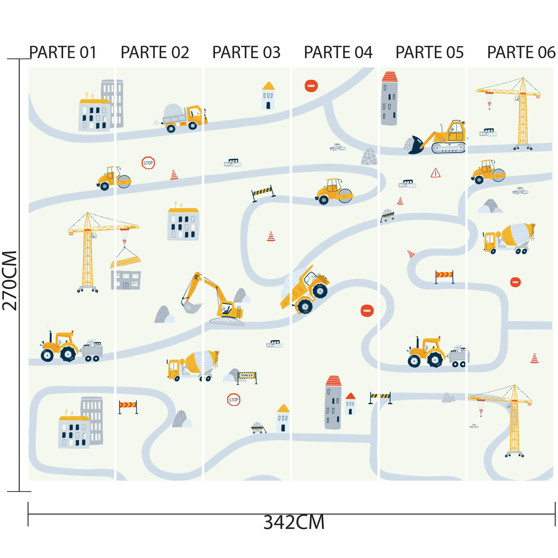 Imagem ilustrativa do papel de parede infantil com tema de máquinas de construção na cidade, mostrando as 6 partes numeradas para aplicação.