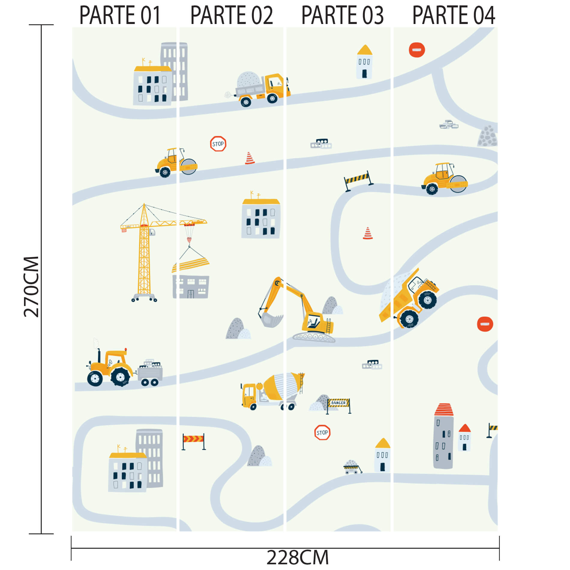 Imagem técnica do papel de parede dividido em quatro partes numeradas, mostrando o layout completo com máquinas de construção e dimensões indicadas.