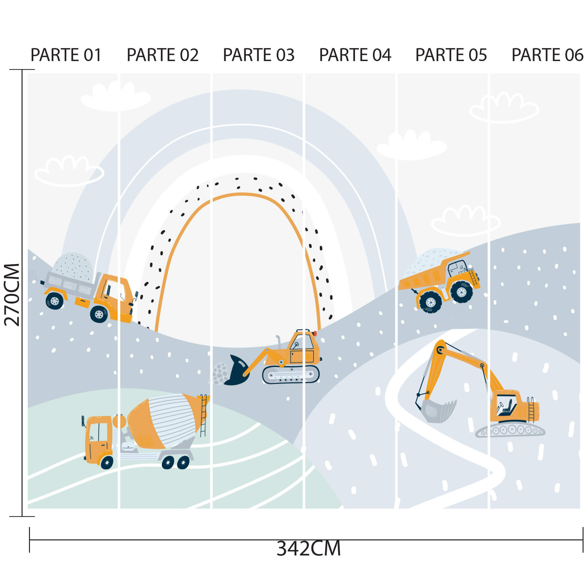 Imagem técnica do papel de parede infantil com tema de caminhões em campo de construção, mostrando divisão em 6 partes numeradas para aplicação.