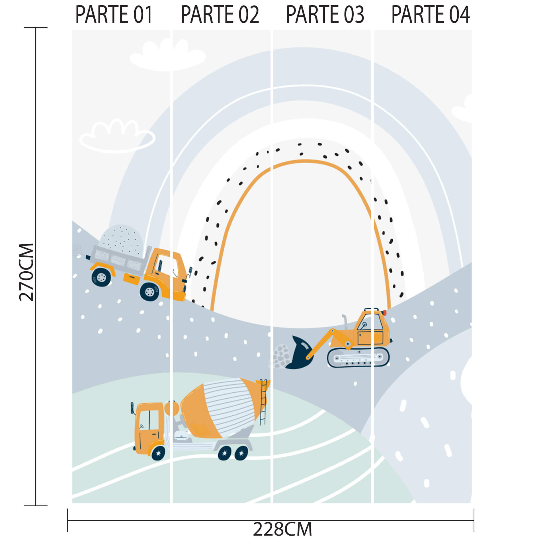 Imagem técnica do papel de parede infantil com tema de caminhões de construção, mostrando dimensões e partes numeradas para aplicação