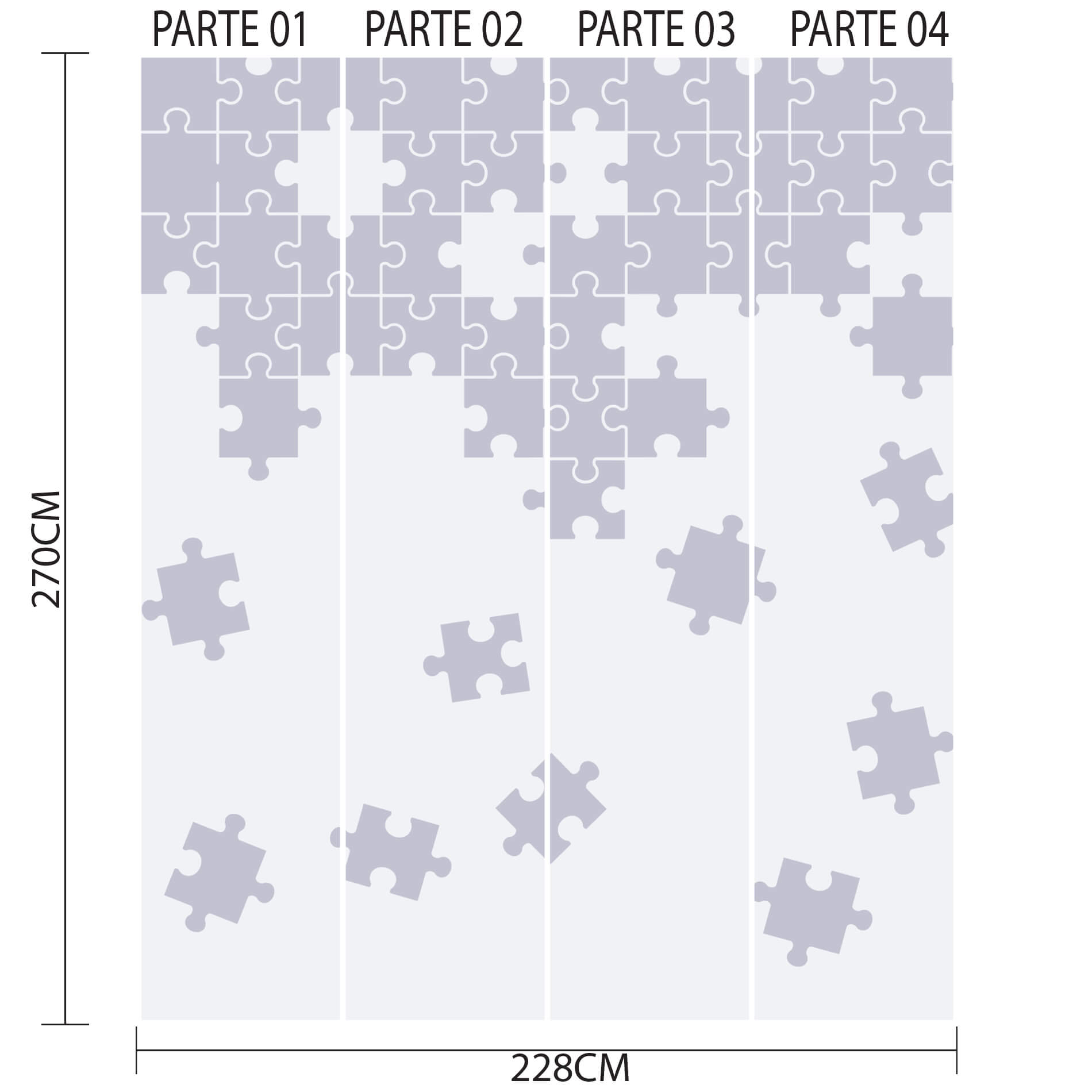 Imagem técnica detalhada do papel de parede infantil com dimensões para aplicação