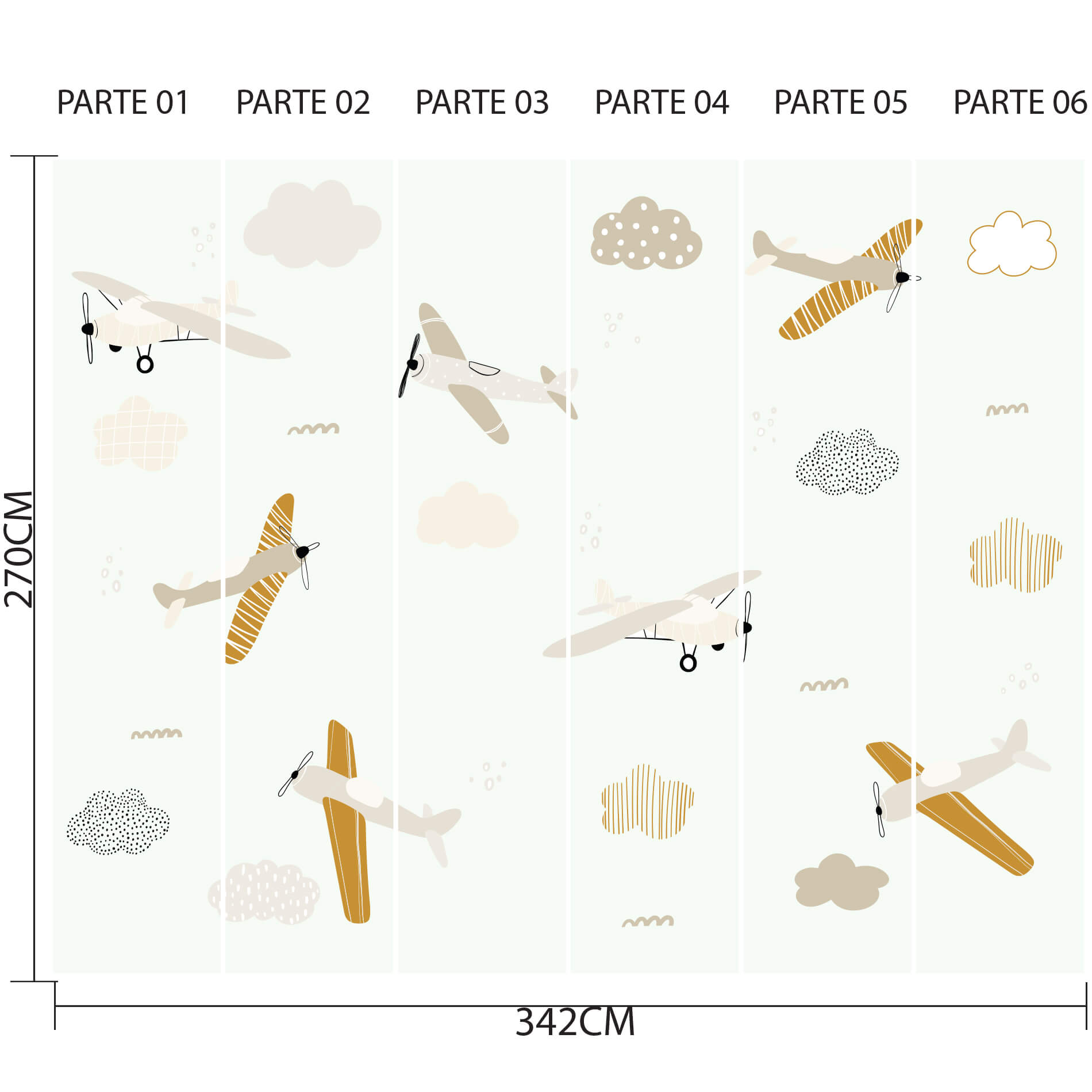 Imagem ilustrativa do papel de parede infantil Aviões e Nuvens com especificações técnicas e instruções de aplicação