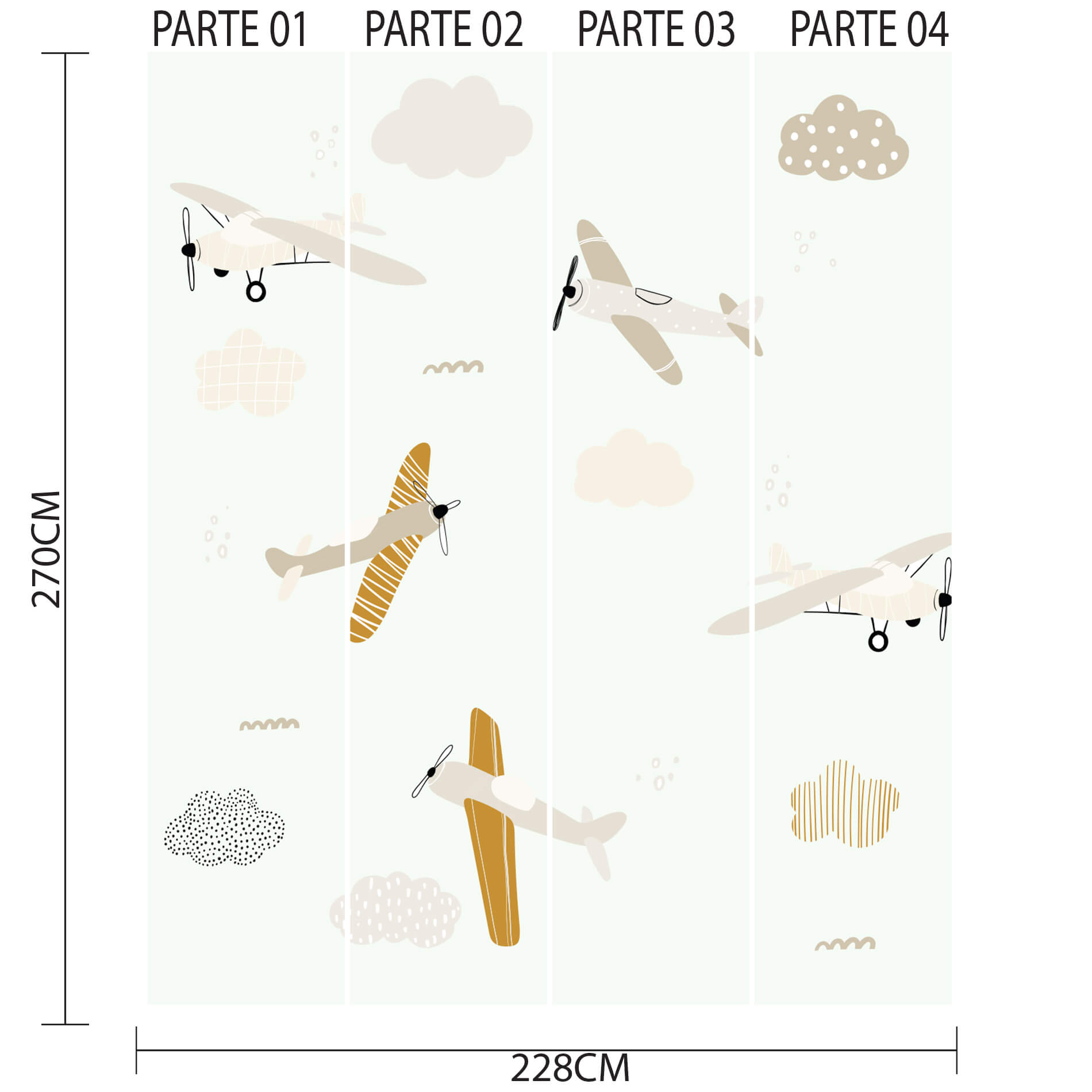 Papel de parede infantil dividido em quatro partes numeradas, mostrando a estampa de aviões e nuvens em tons neutros.