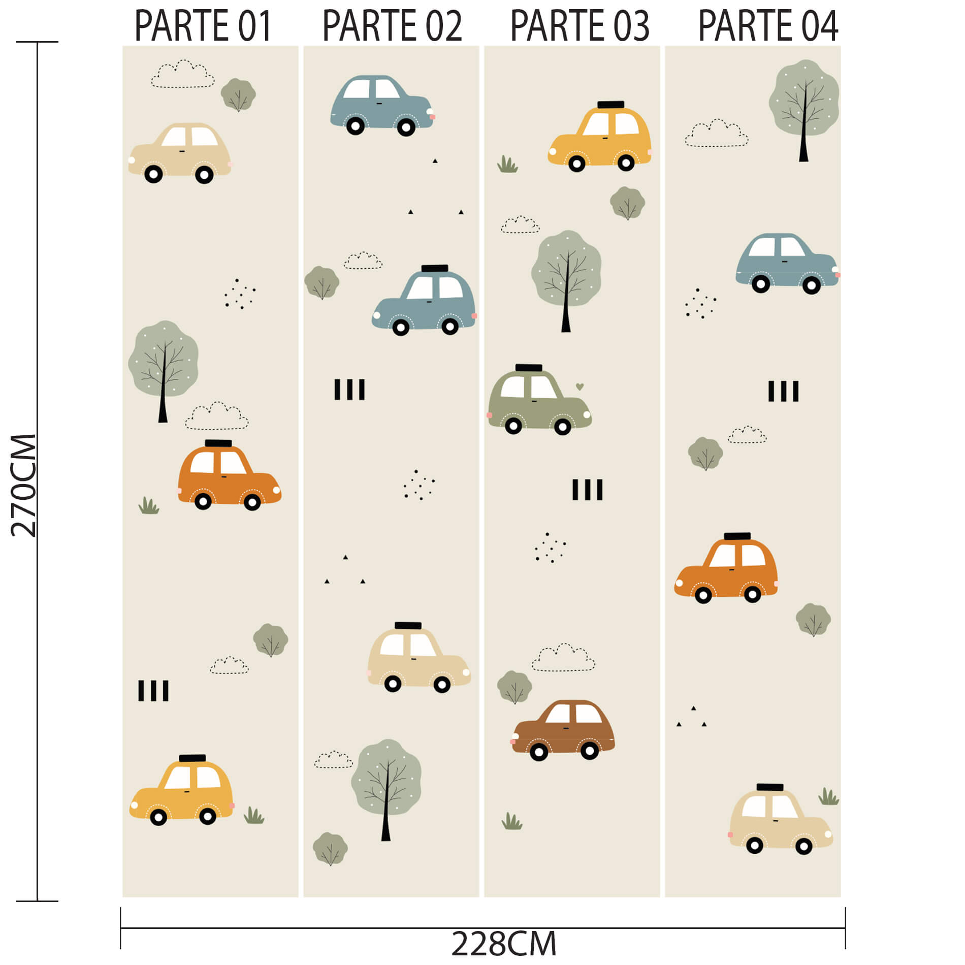 Imagem mostrando as quatro partes do papel de parede infantil com estampa de carrinhos coloridos e árvores, com especificações técnicas.