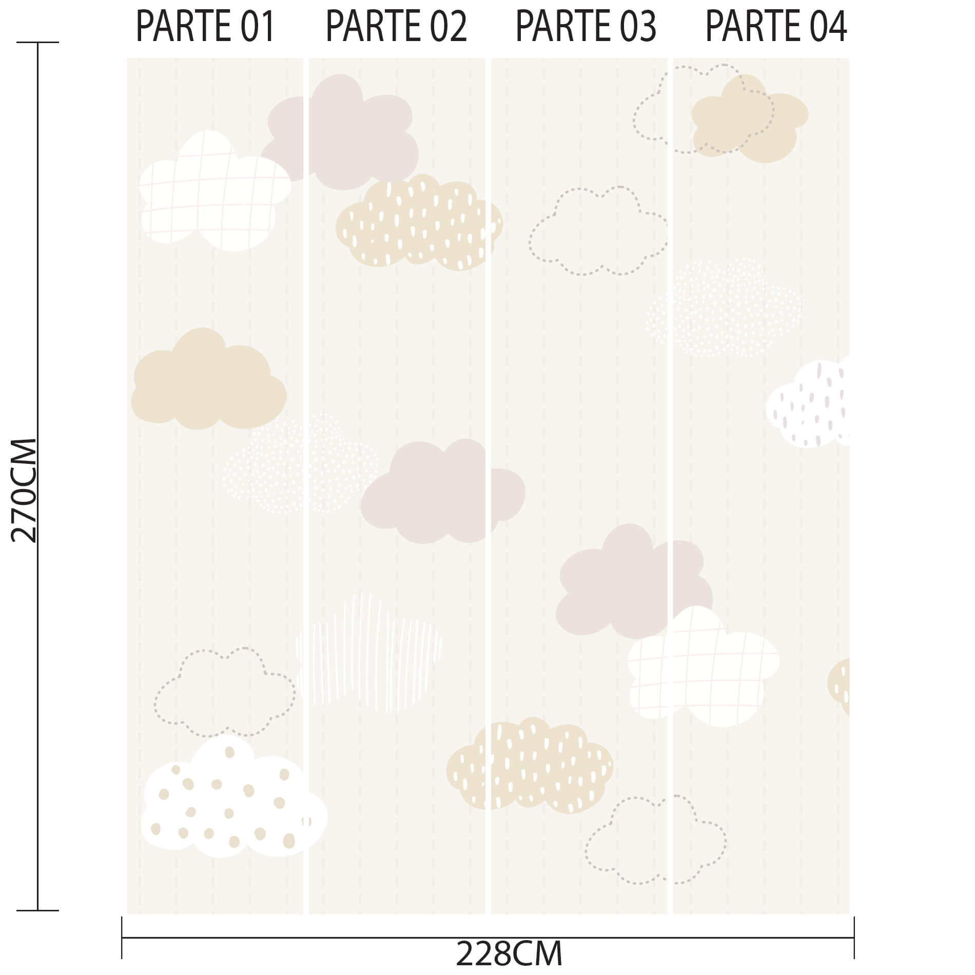 Imagem técnica do papel de parede infantil com estampa de nuvens, mostrando layout e medidas para aplicação.
