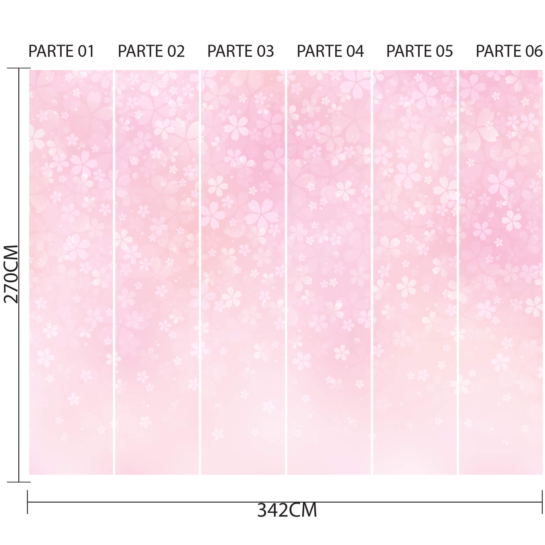 Imagem do papel de parede com dimensões e instruções para aplicação, mostrando seis rolos e o padrão floral.