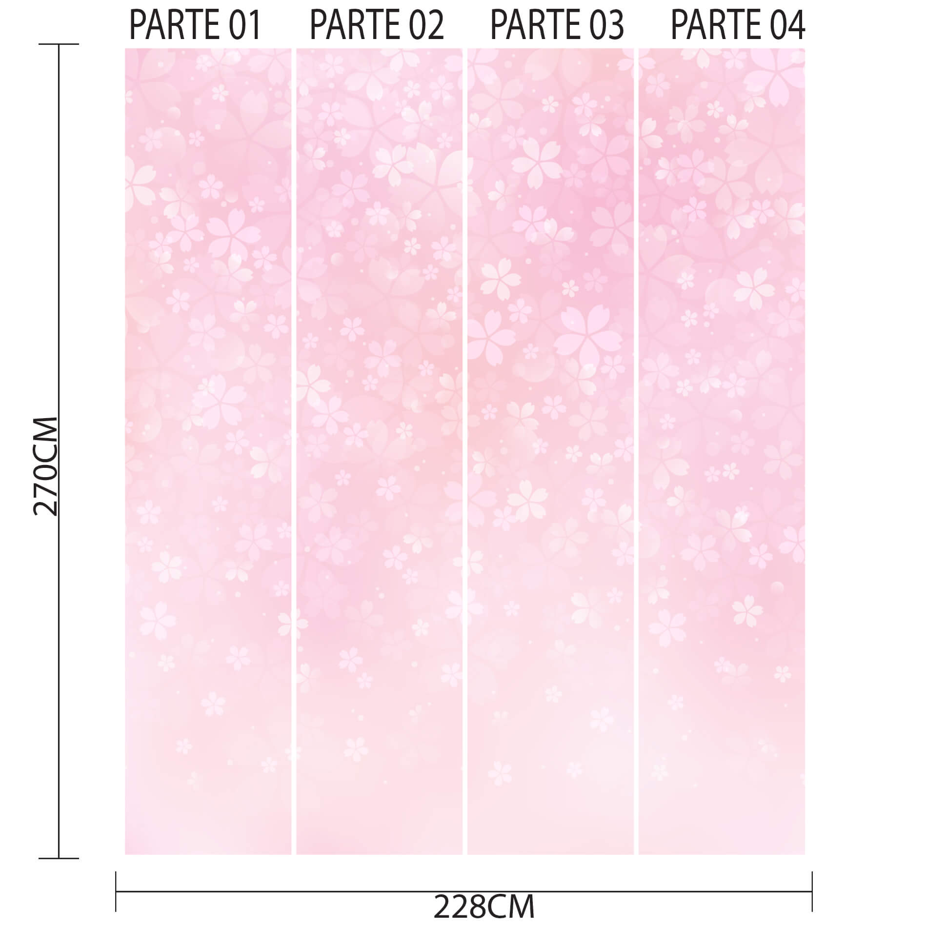 Imagem ilustrativa mostrando as quatro partes do papel de parede rosa com flores de cerejeira, com dimensões indicadas.