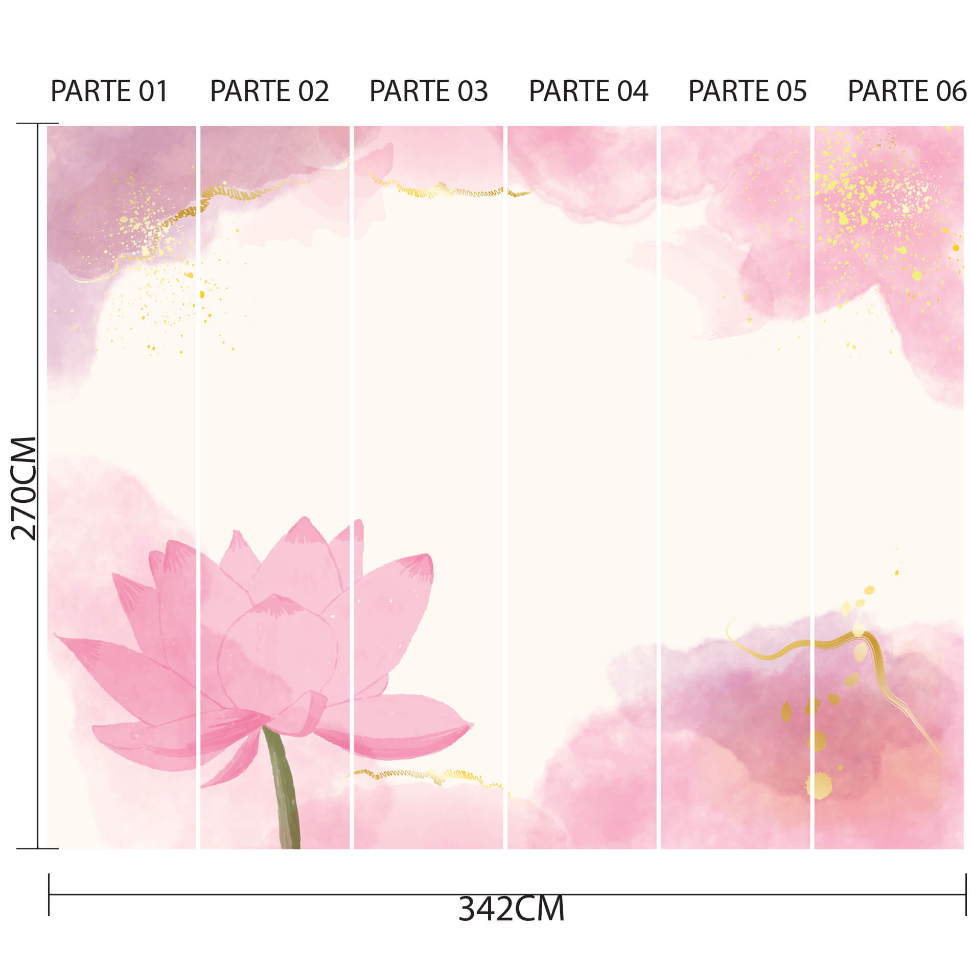 Imagem ilustrativa do papel de parede com dimensões, mostrando aplicação e detalhes técnicos.