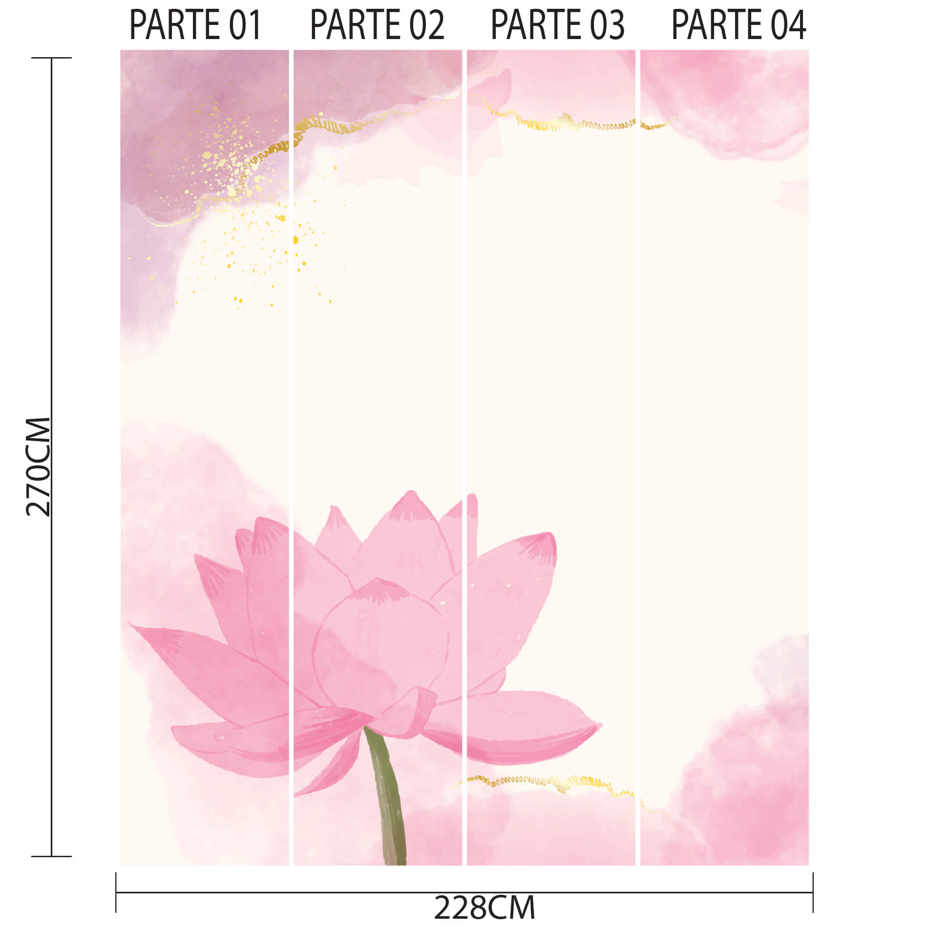 Imagem do papel de parede com especificações técnicas mostrando dimensões e partes numeradas para aplicação.