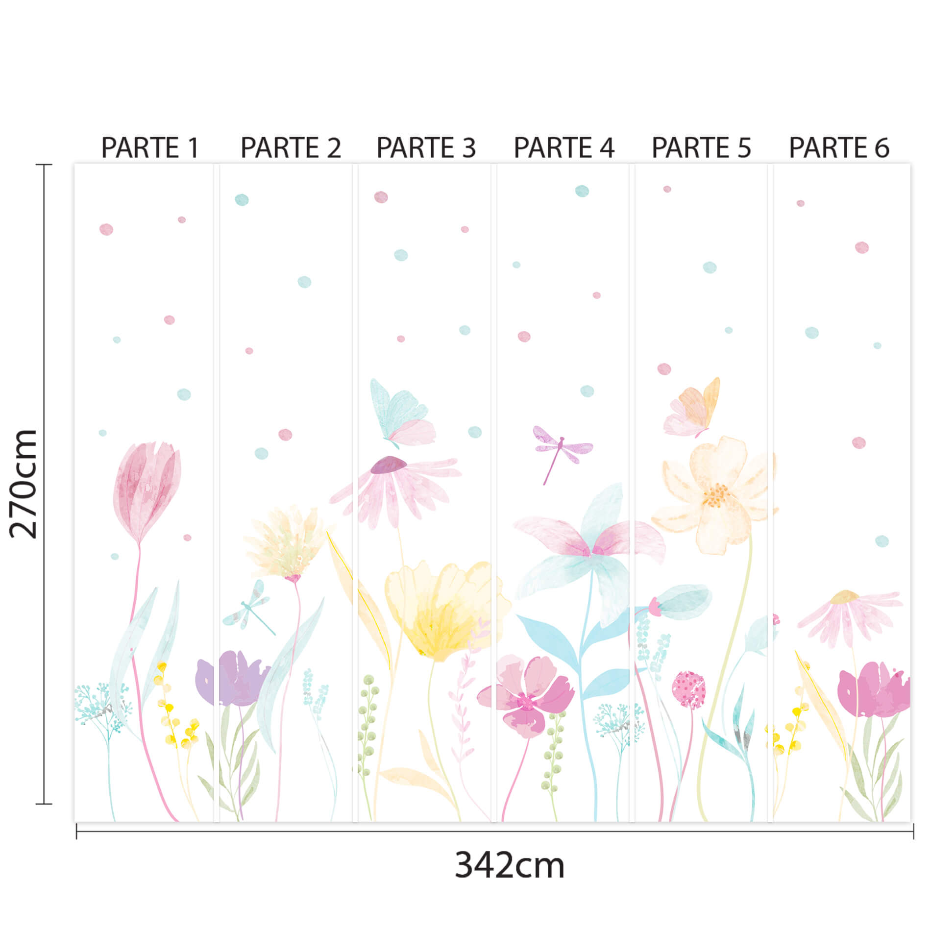 Imagem técnica do papel de parede floral, mostrando as dimensões e partes numeradas para aplicação.