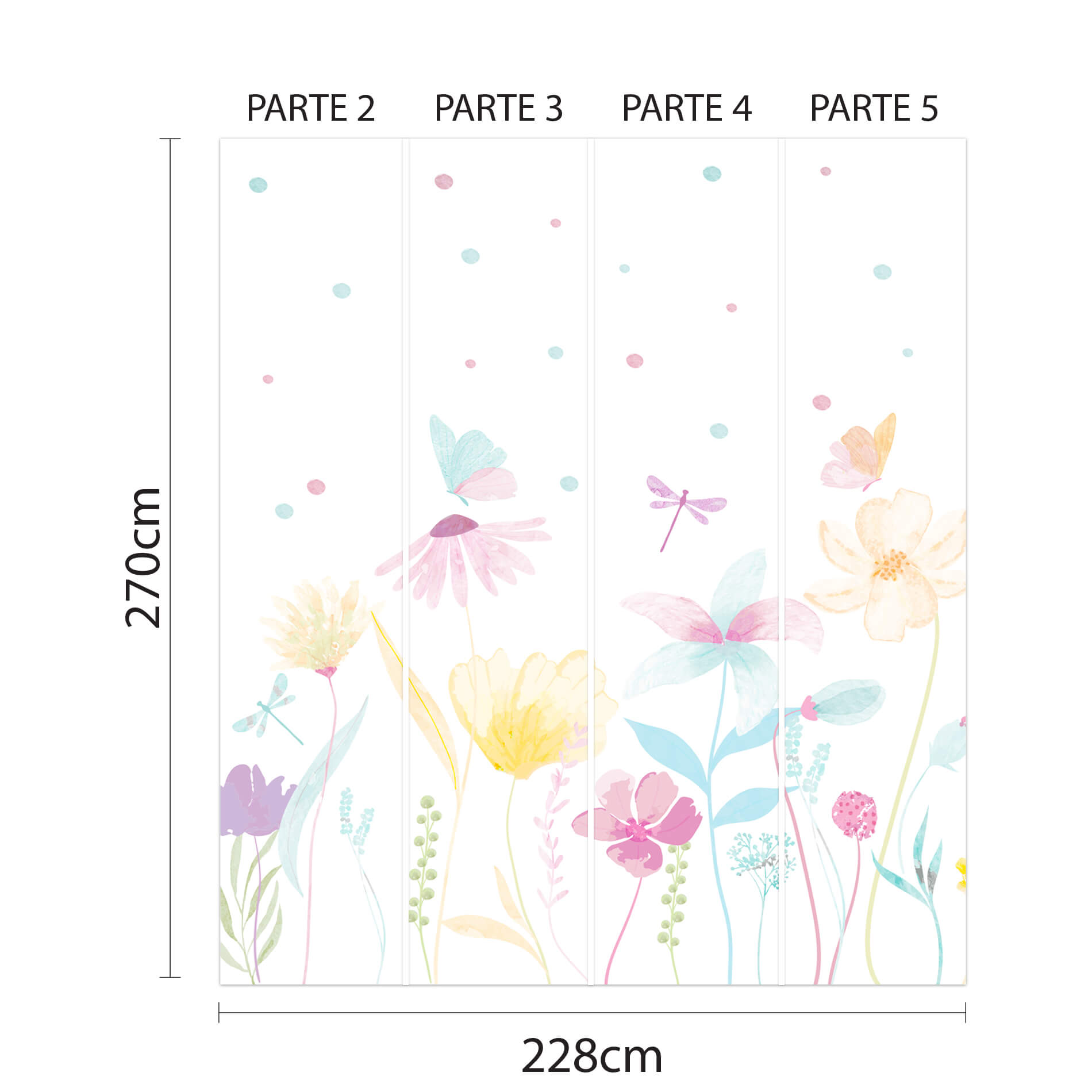 Imagem técnica do papel de parede floral mostrando as dimensões de 270cm de altura por 228cm de largura, com estampa em aquarela floral em tons pastéis
