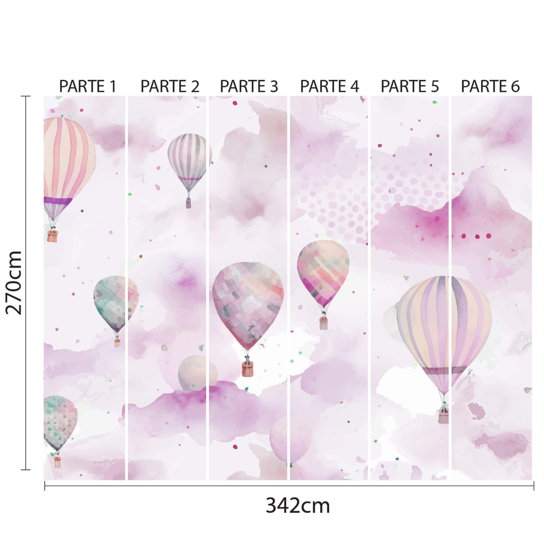 Painel do papel de parede adesivo para quarto de menina com balões em aquarela, mostrando as dimensões e padrão completo.