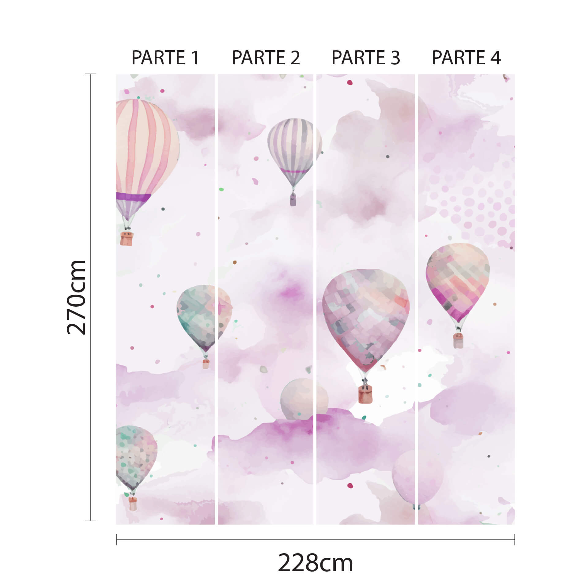 Imagem do papel de parede infantil com balões em aquarela mostrando as dimensões para aplicação.