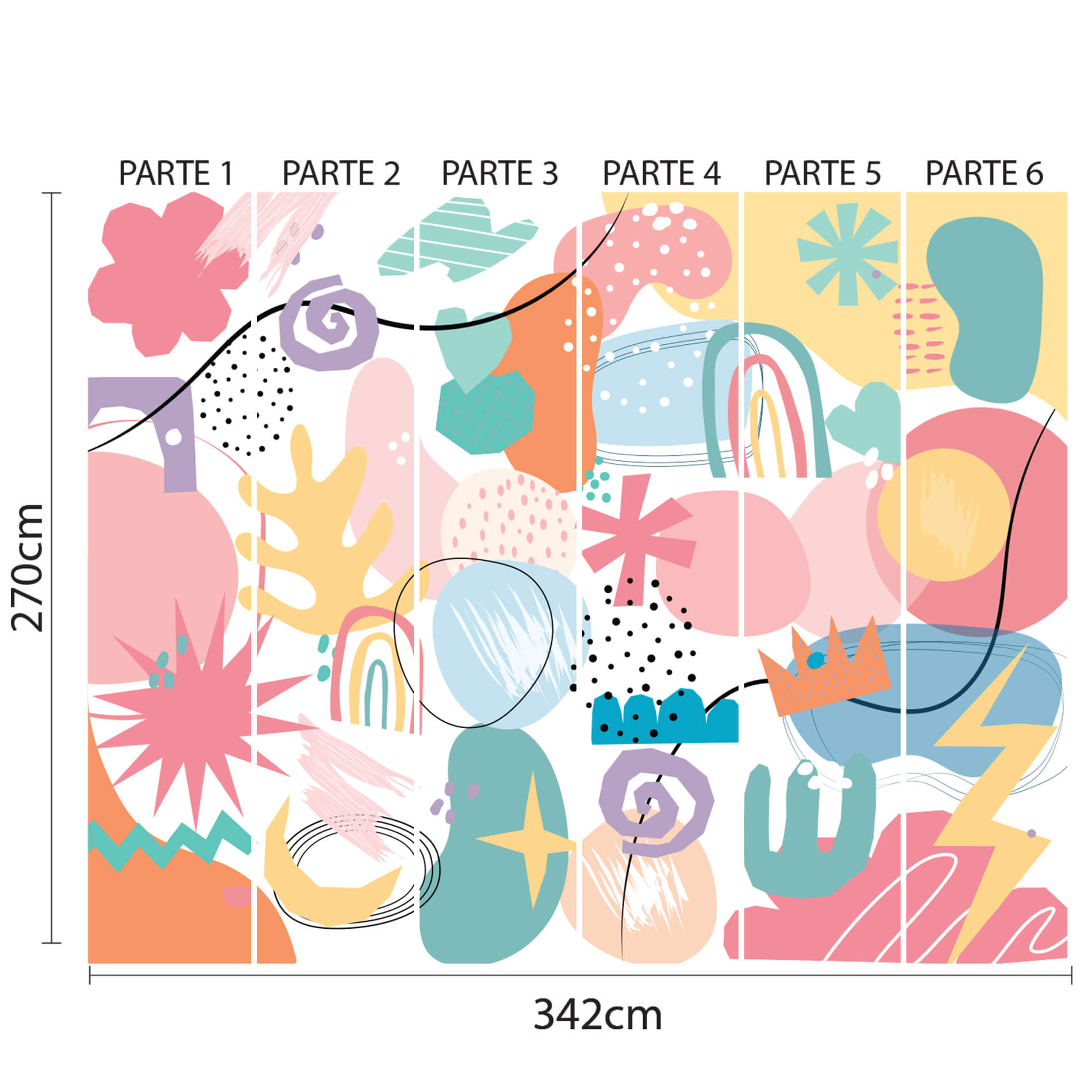 Imagem do papel de parede dividido em 6 partes verticais numeradas, mostrando as dimensões para aplicação.