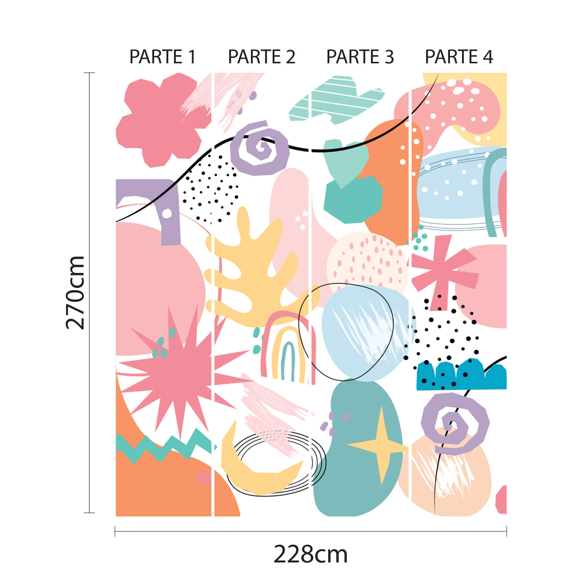 Imagem ilustrativa do papel de parede formas abstratas coloridas mostrando dimensões e instruções para aplicação.