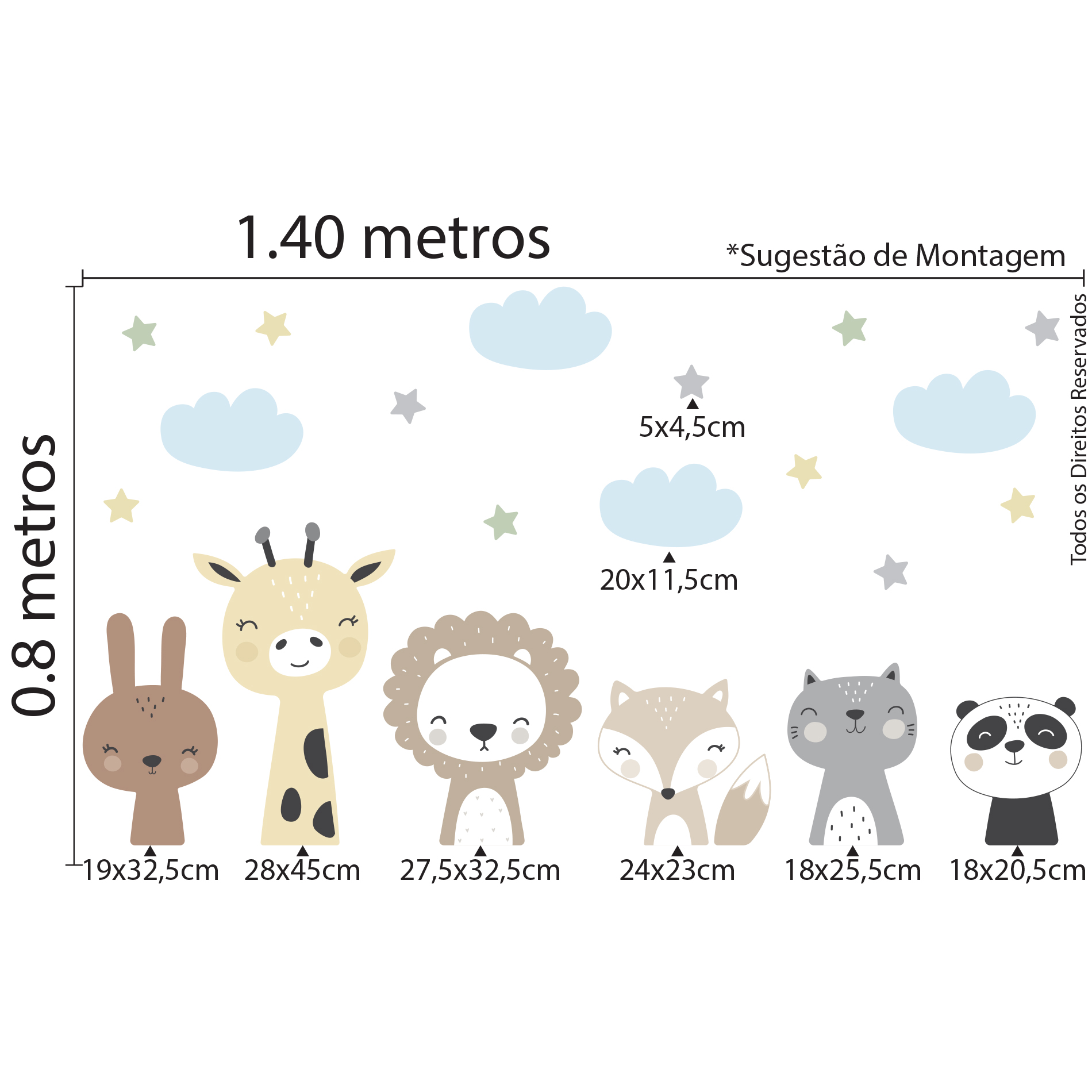 Imagem ilustrativa com medidas do adesivo de parede infantil com animais bebês em tons pastel, mostrando dimensões e detalhes para aplicação.