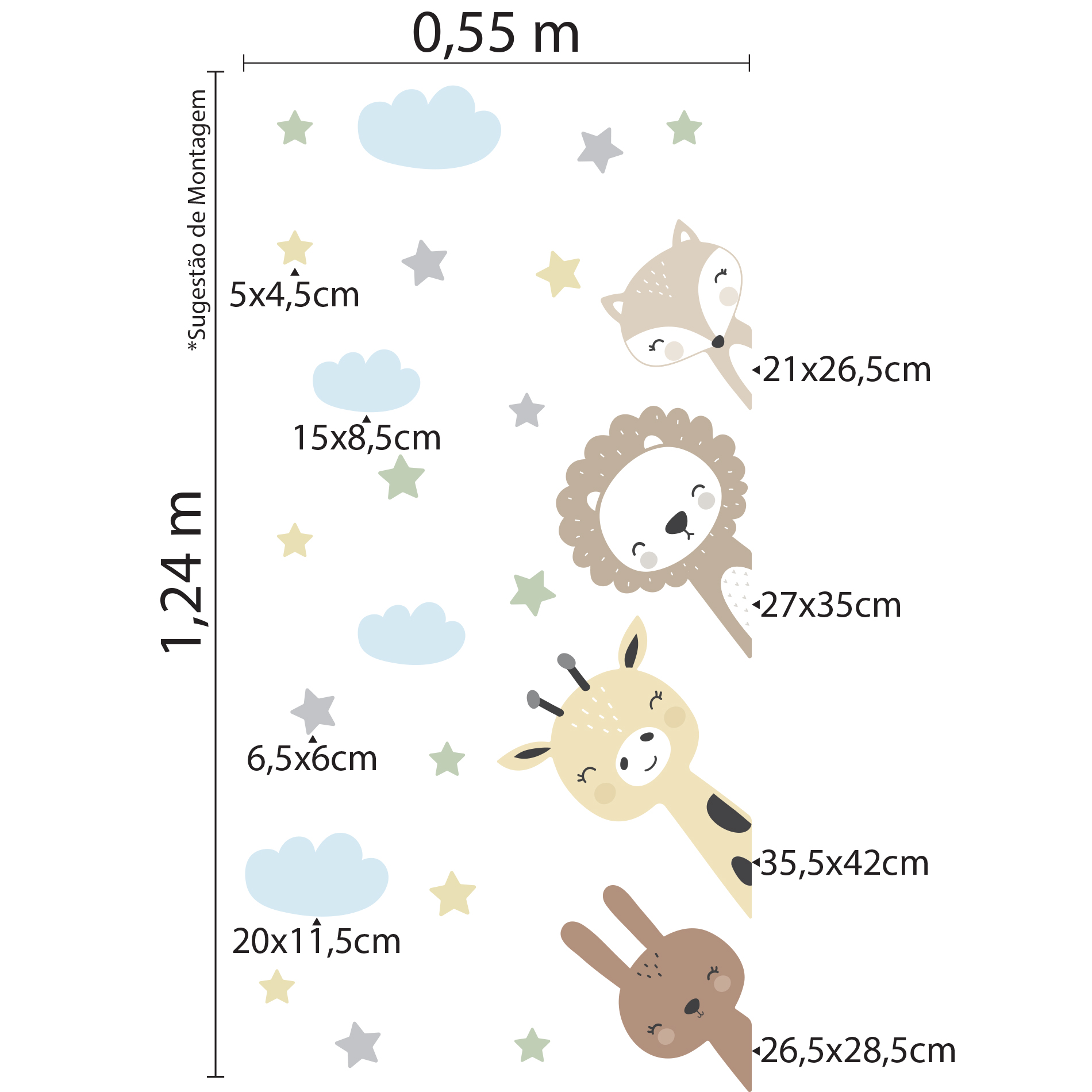 Imagem ilustrativa mostrando medidas e aplicação do adesivo de parede infantil tema animais e estrelinhas
