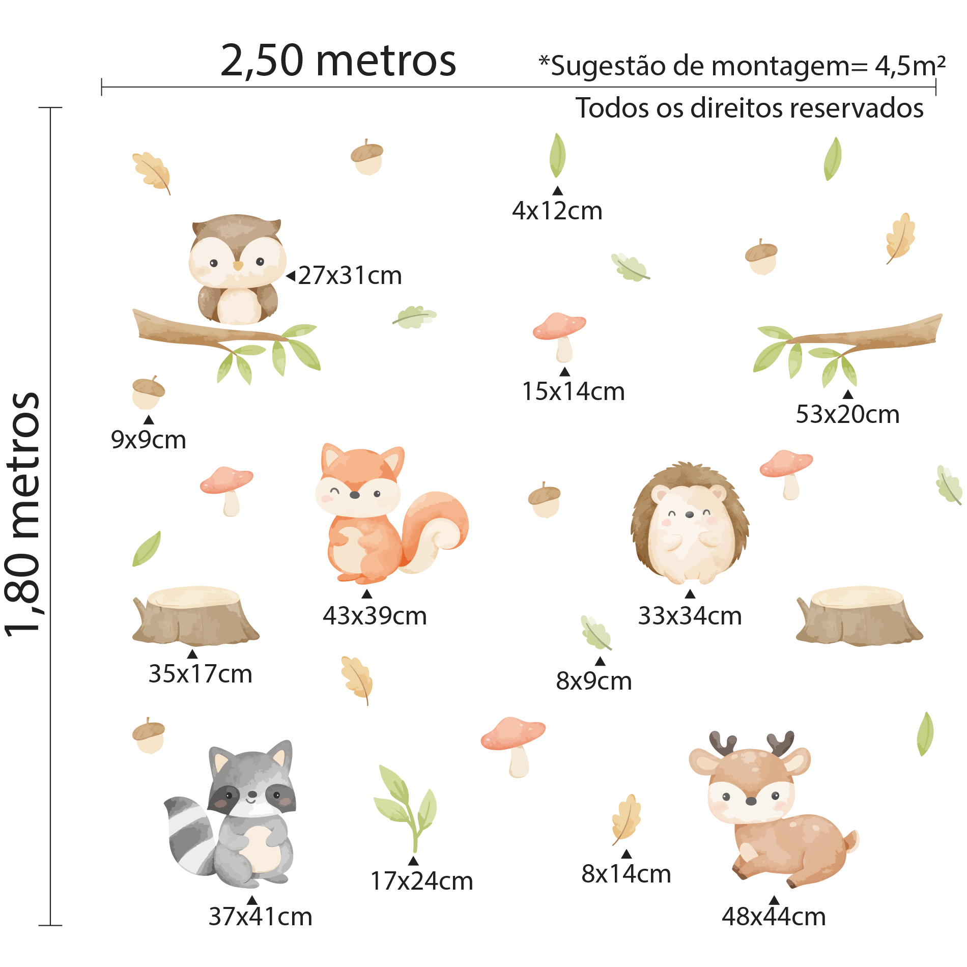Imagem ilustrativa com dimensões e montagem sugerida do adesivo de parede infantil Amigos da Floresta Encantada.