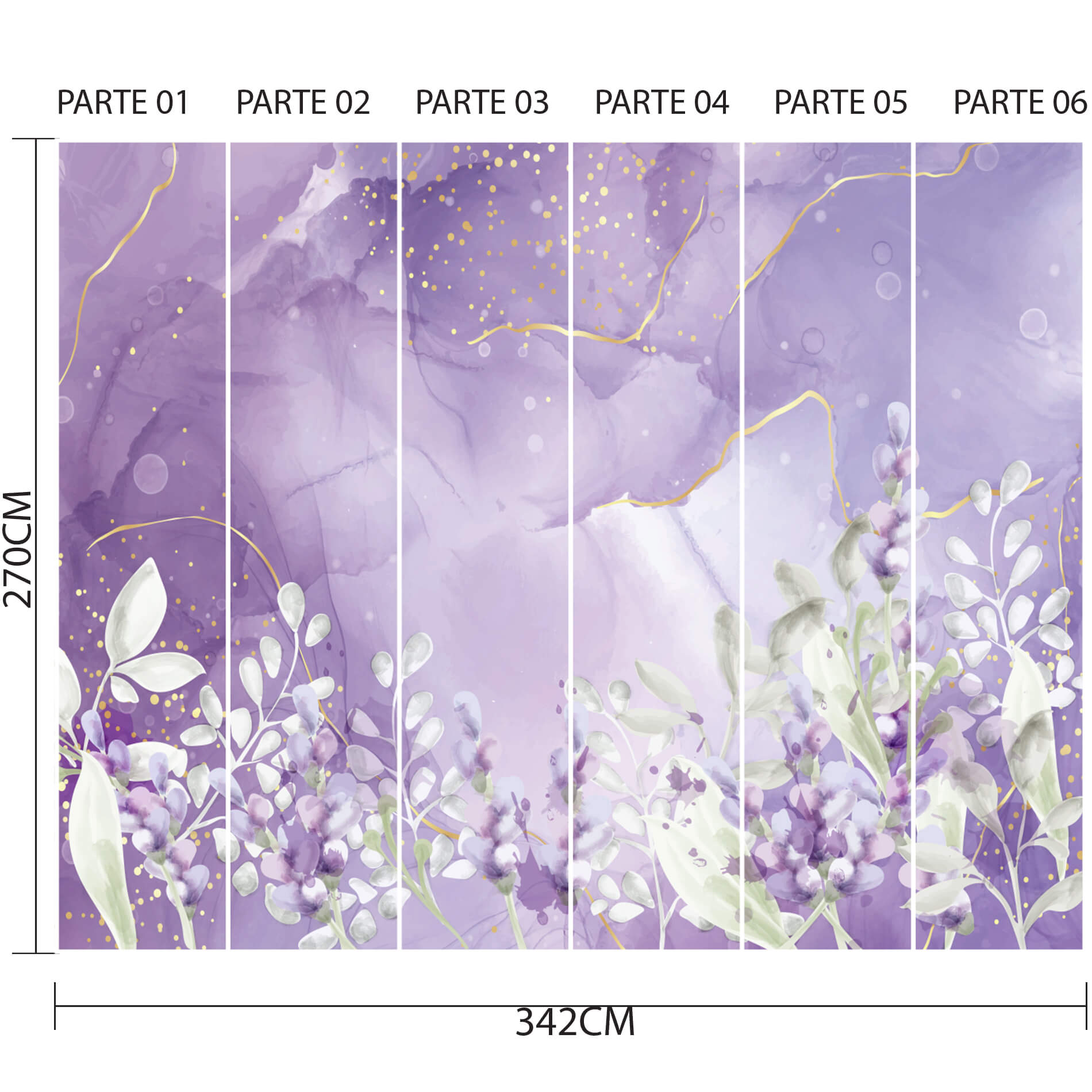 Imagem técnica do papel de parede floral lilás mostrando dimensões e layout para aplicação
