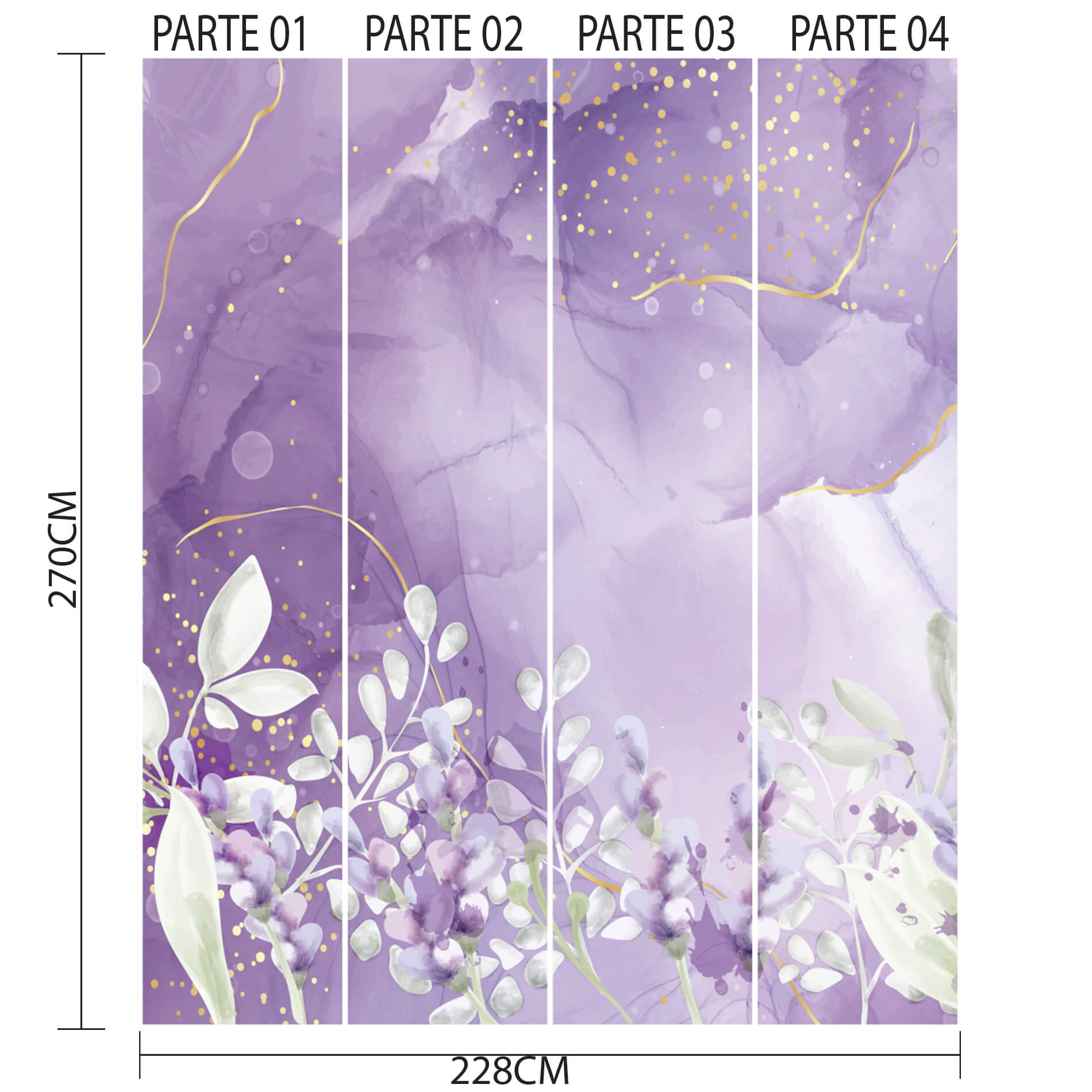 Imagem do papel de parede floral lilás com especificações de tamanho para aplicação.