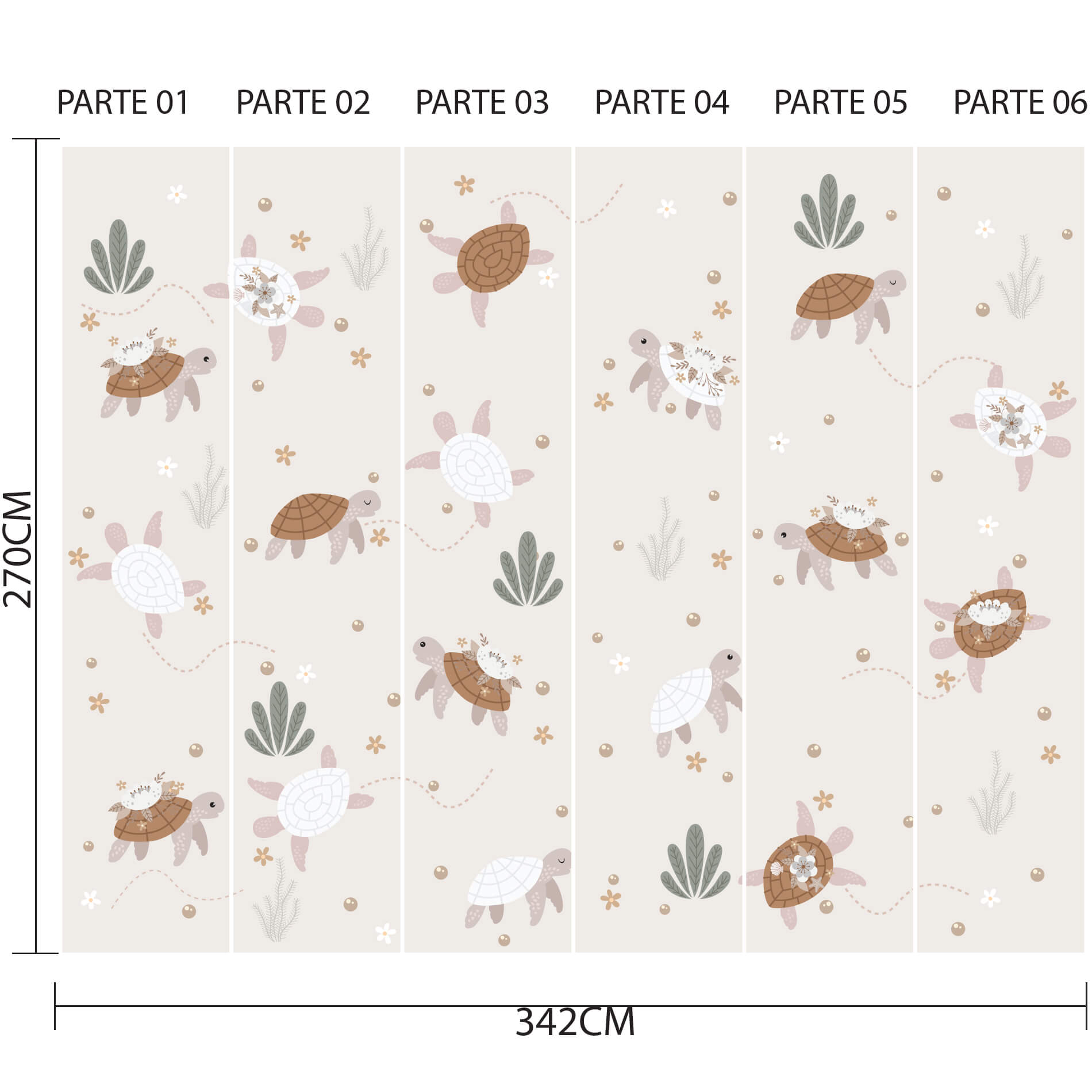 Imagem técnica mostrando as seis partes do papel de parede infantil com estampa de tartarugas e flores, com dimensões para aplicação.