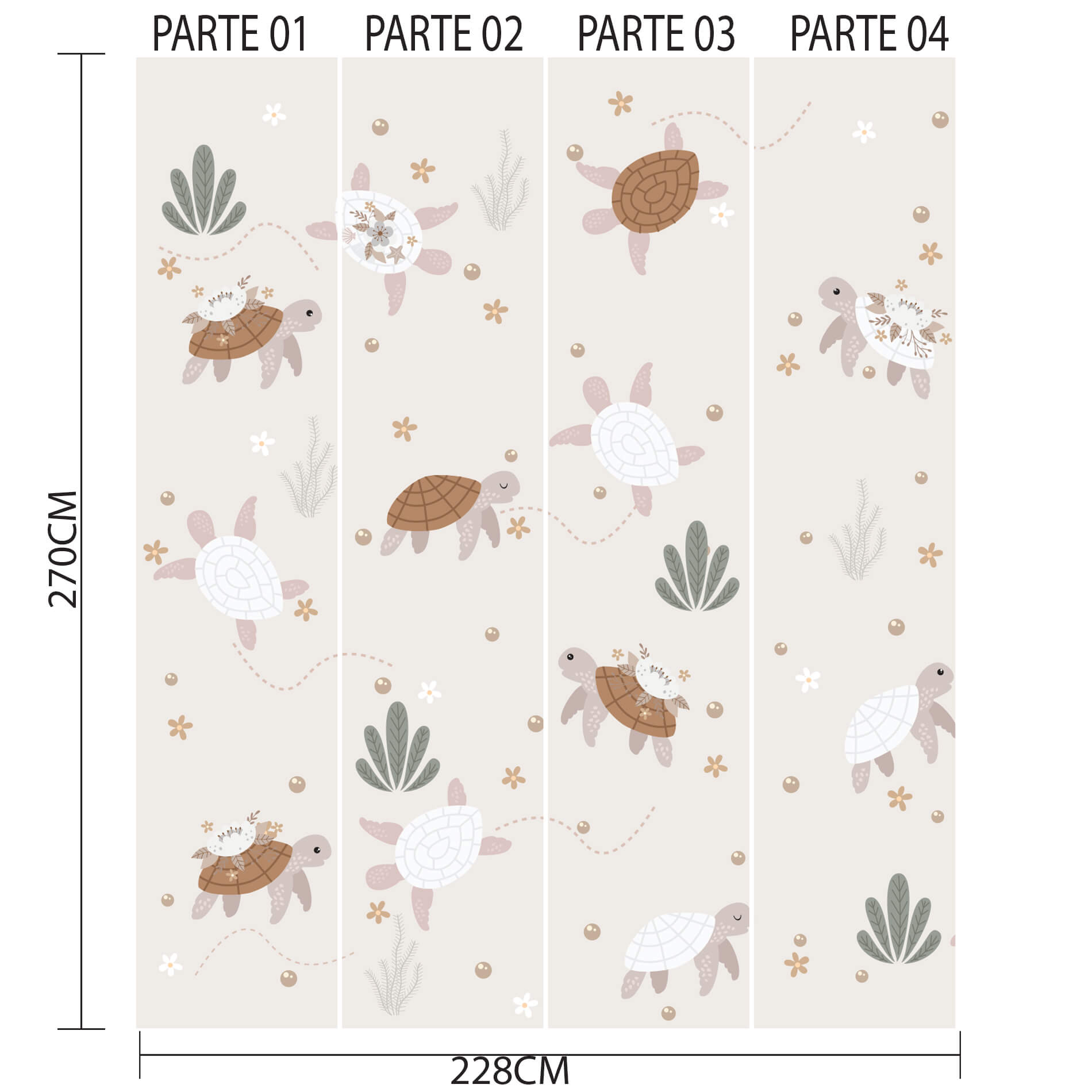 Imagem ilustrativa do papel de parede infantil com medidas e disposição para aplicação.