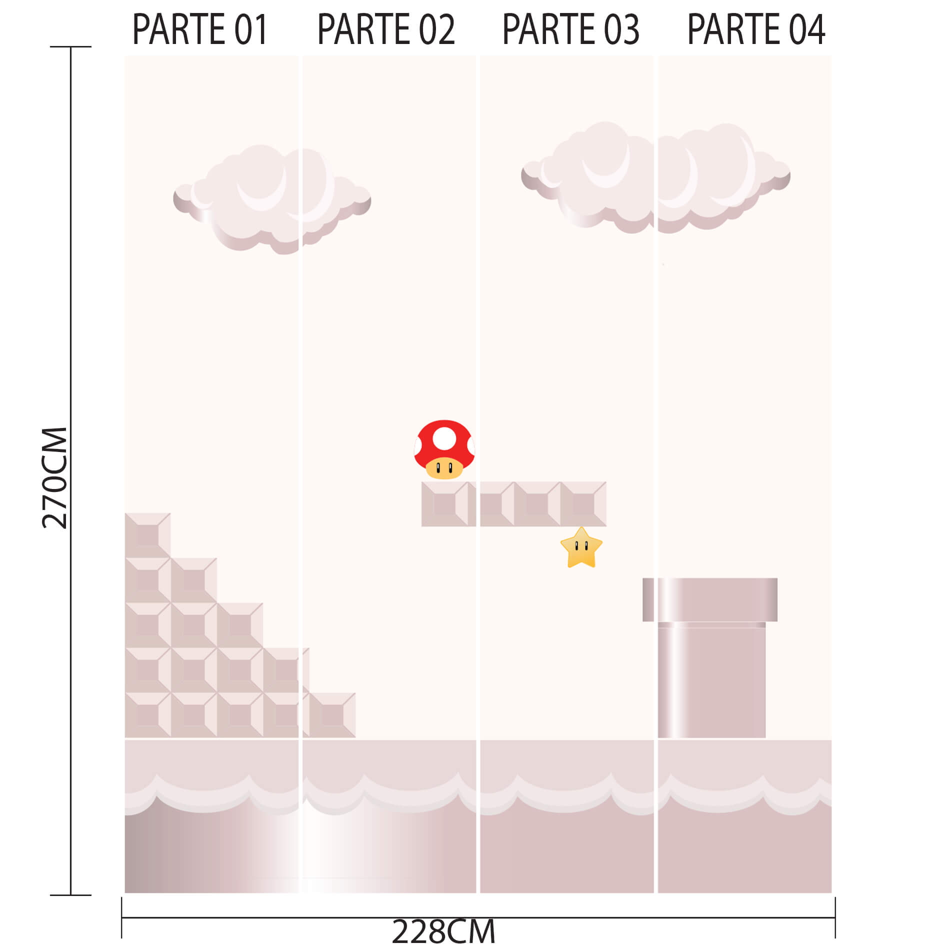 Imagem técnica mostrando as dimensões e detalhes do papel de parede infantil tema videogame fliperama arcade.