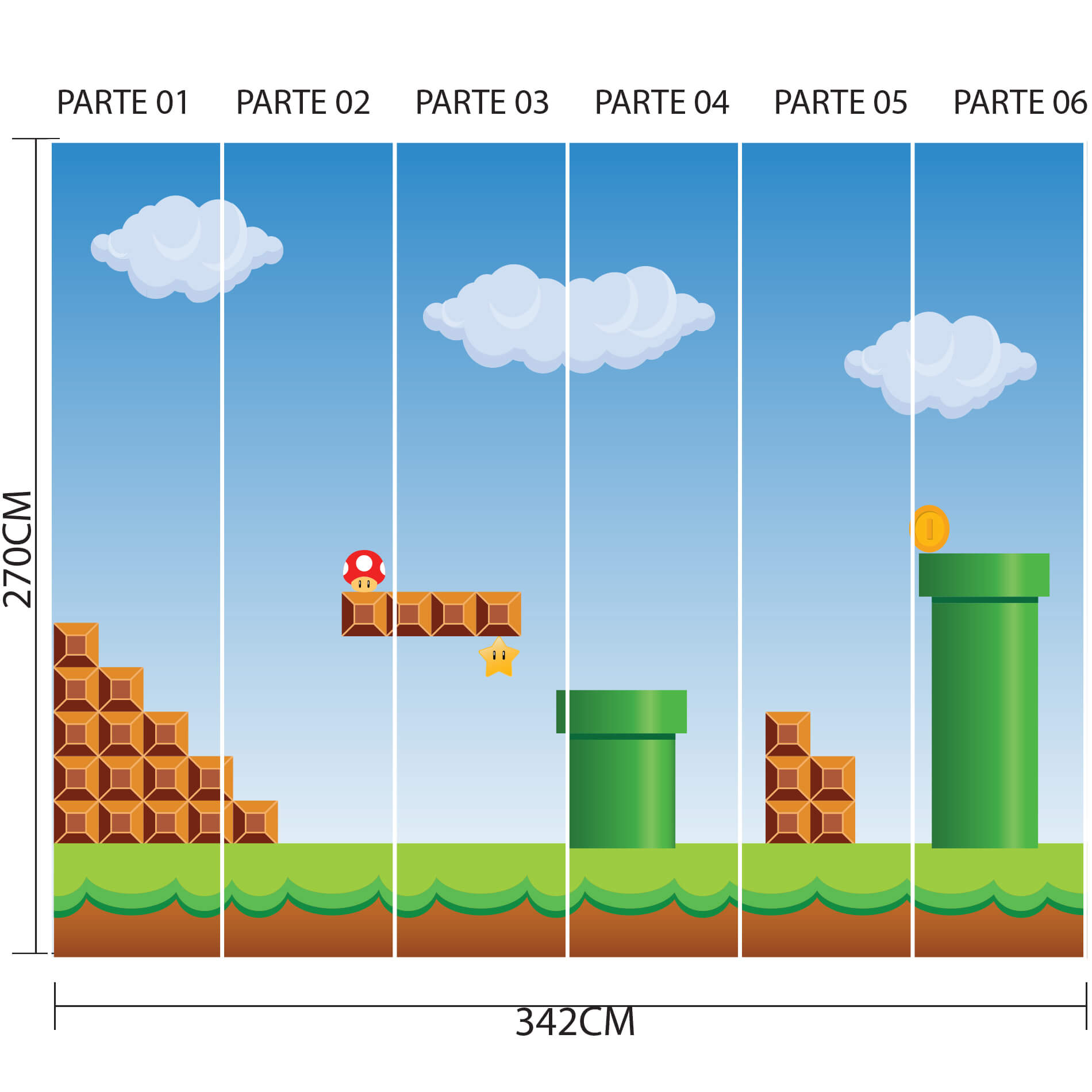Imagem ilustrativa do papel de parede dividido em seis partes numeradas, mostrando o layout completo do design com blocos marrons, canos verdes, moedas douradas e nuvens brancas sobre fundo azul.