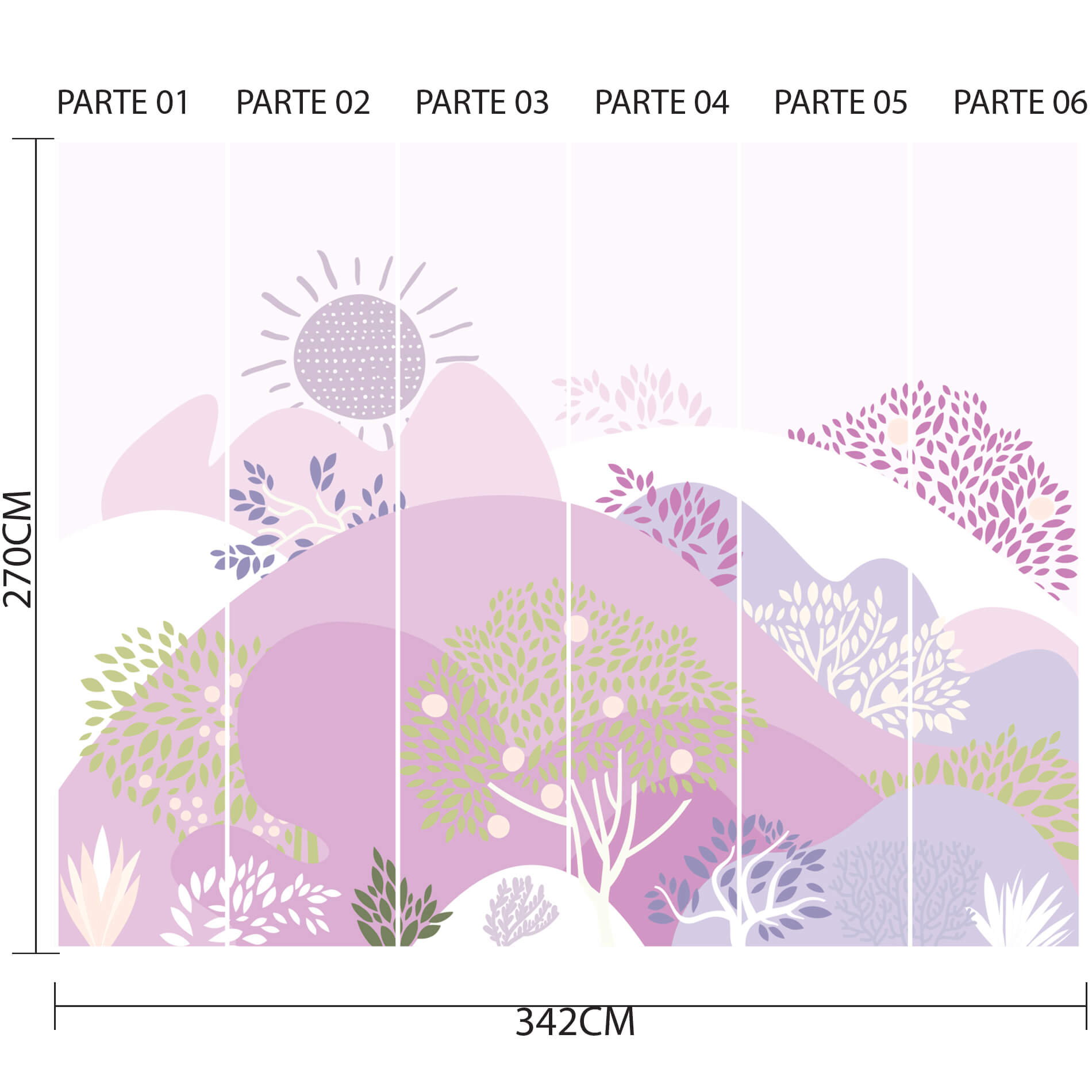 Imagem técnica do papel de parede dividido em 6 partes verticais com dimensões e instruções de aplicação.