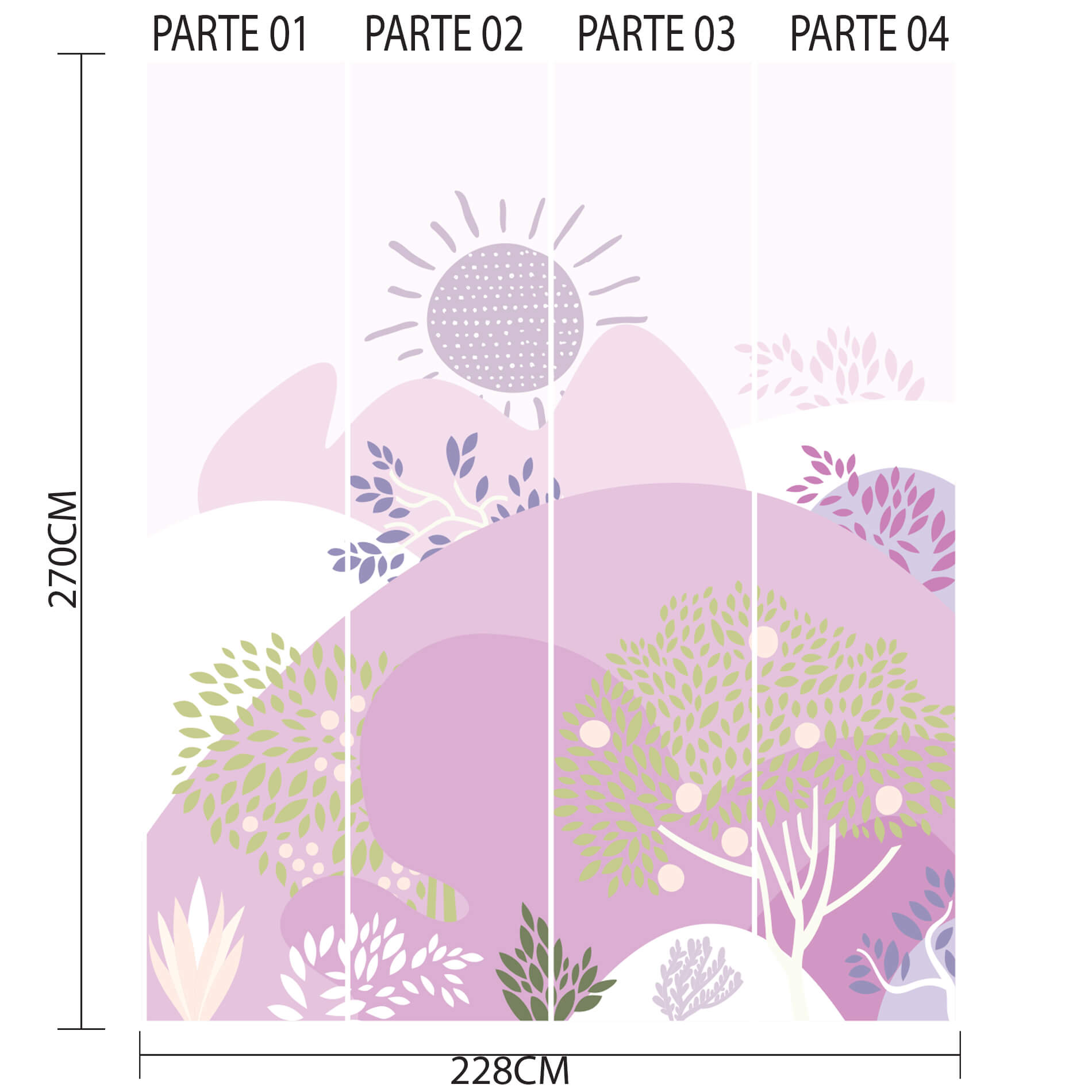 Imagem ilustrativa do papel de parede dividido em quatro partes numeradas, mostrando o design completo com árvores em tons lilás.