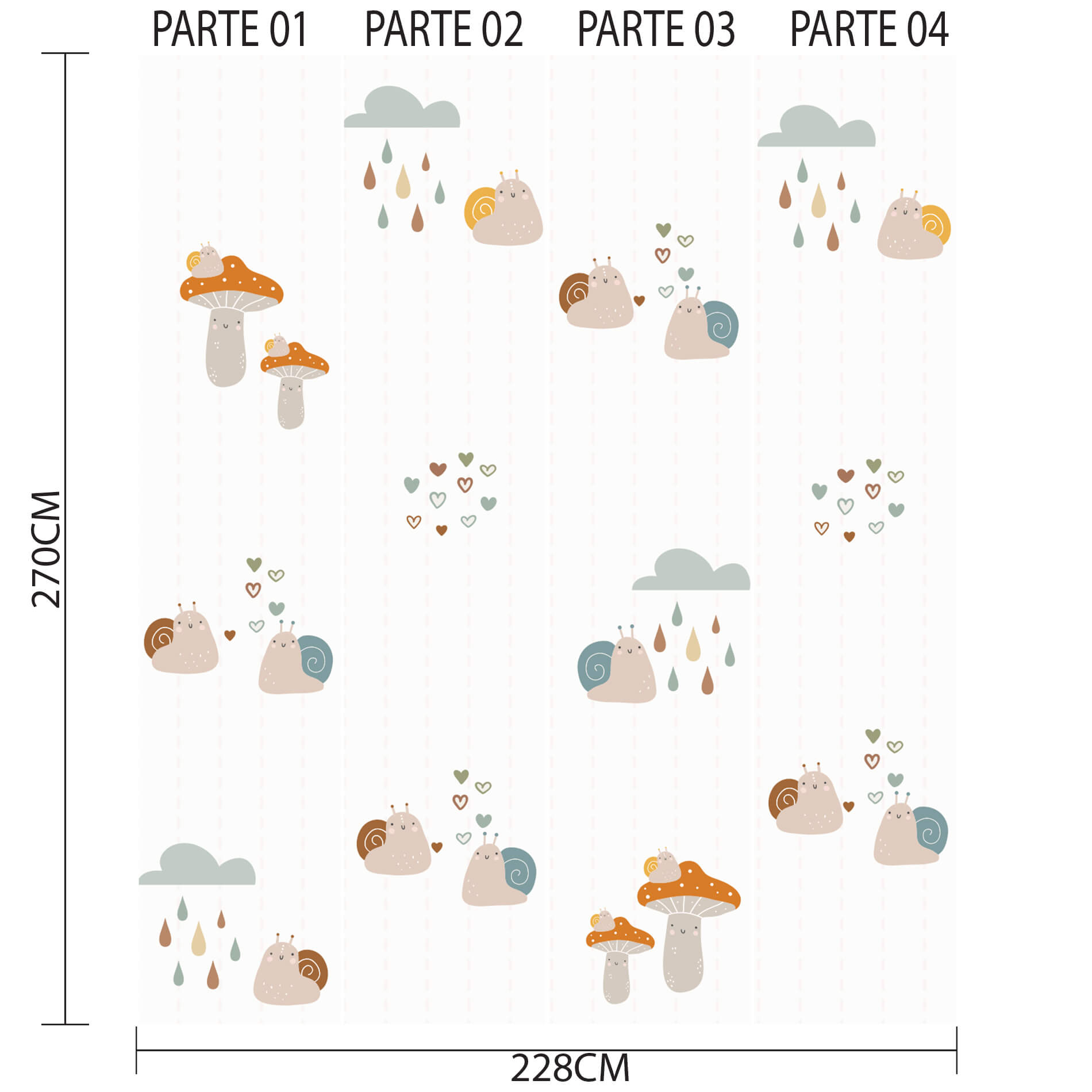 Imagem técnica do papel de parede infantil com dimensões e partes numeradas para aplicação