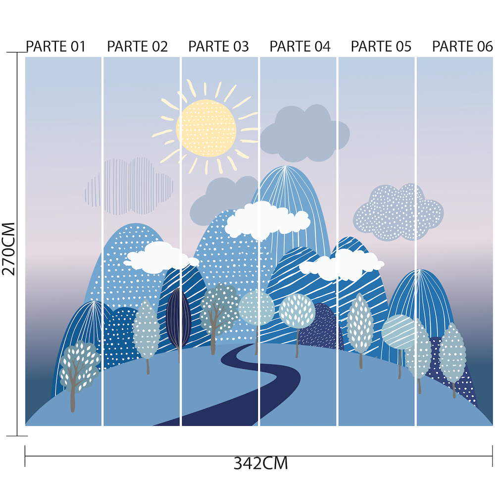 Imagem ilustrativa do papel de parede dividido em 6 partes verticais numeradas, mostrando montanhas estilizadas em vários tons de azul com dimensões indicadas.